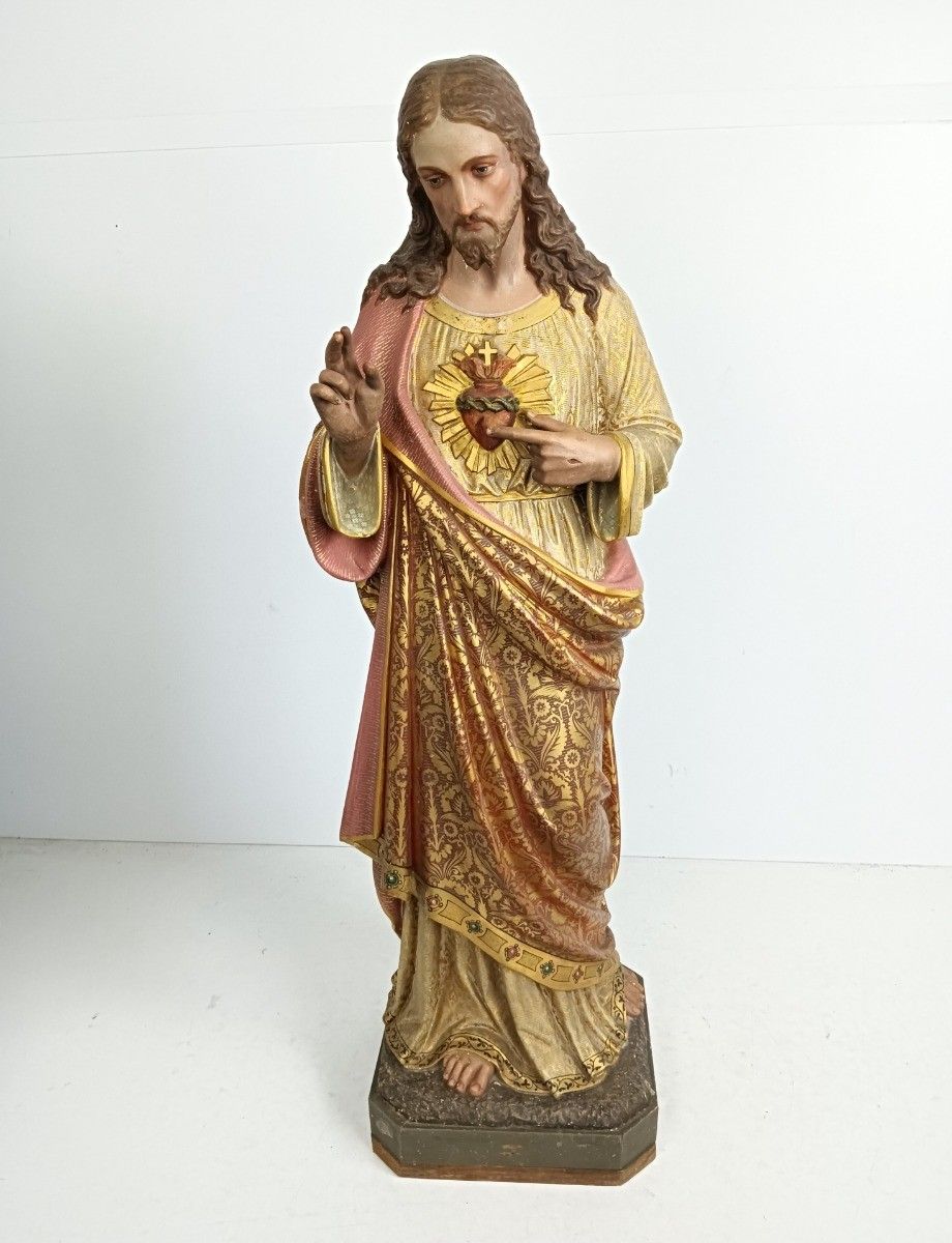Xl Statue Antique Neo Gothic Hand Painted Plaster Church Jesus Christ Holy Heart photo furniture