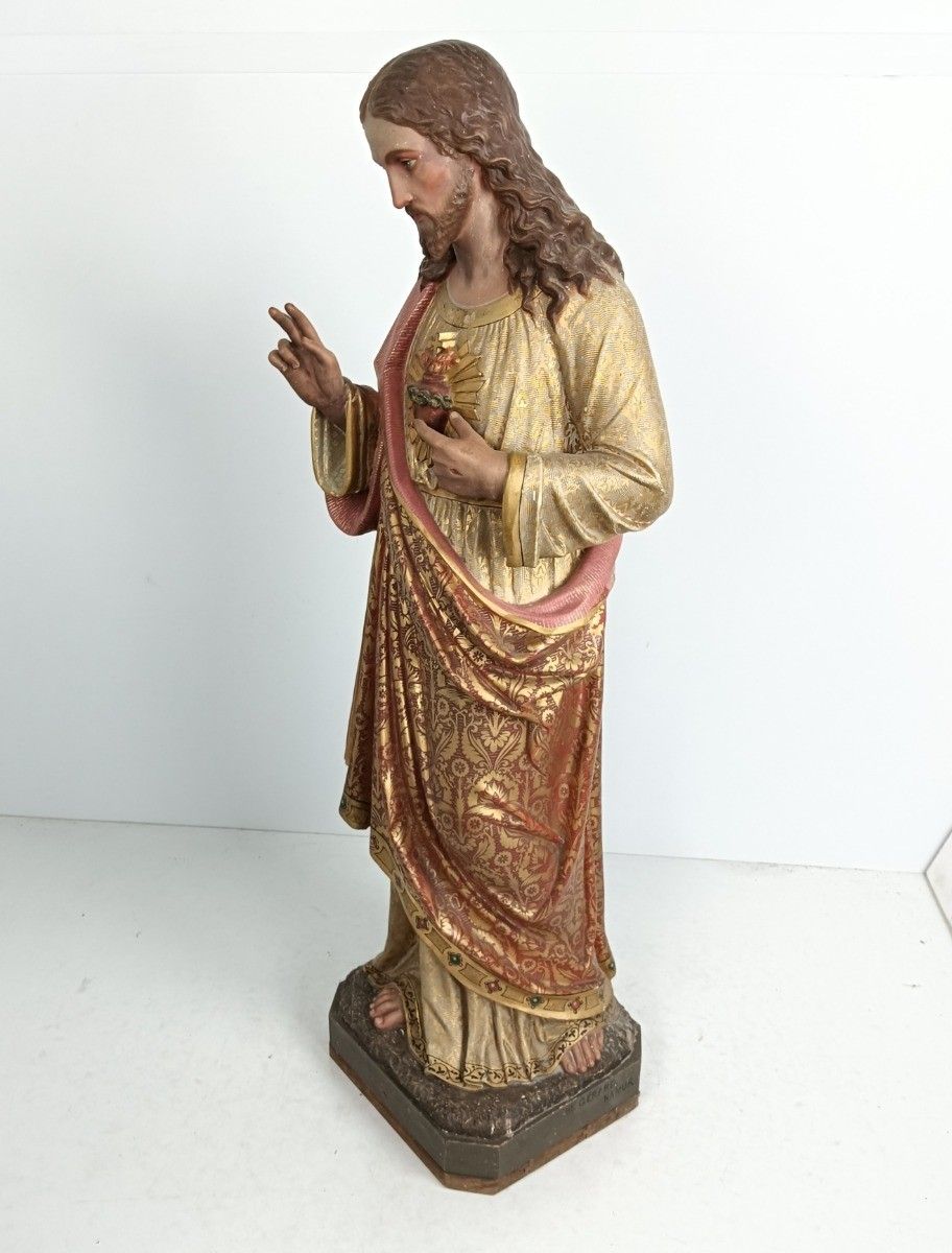 Xl Statue Antique Neo Gothic Hand Painted Plaster Church Jesus Christ Holy Heart photo vintage