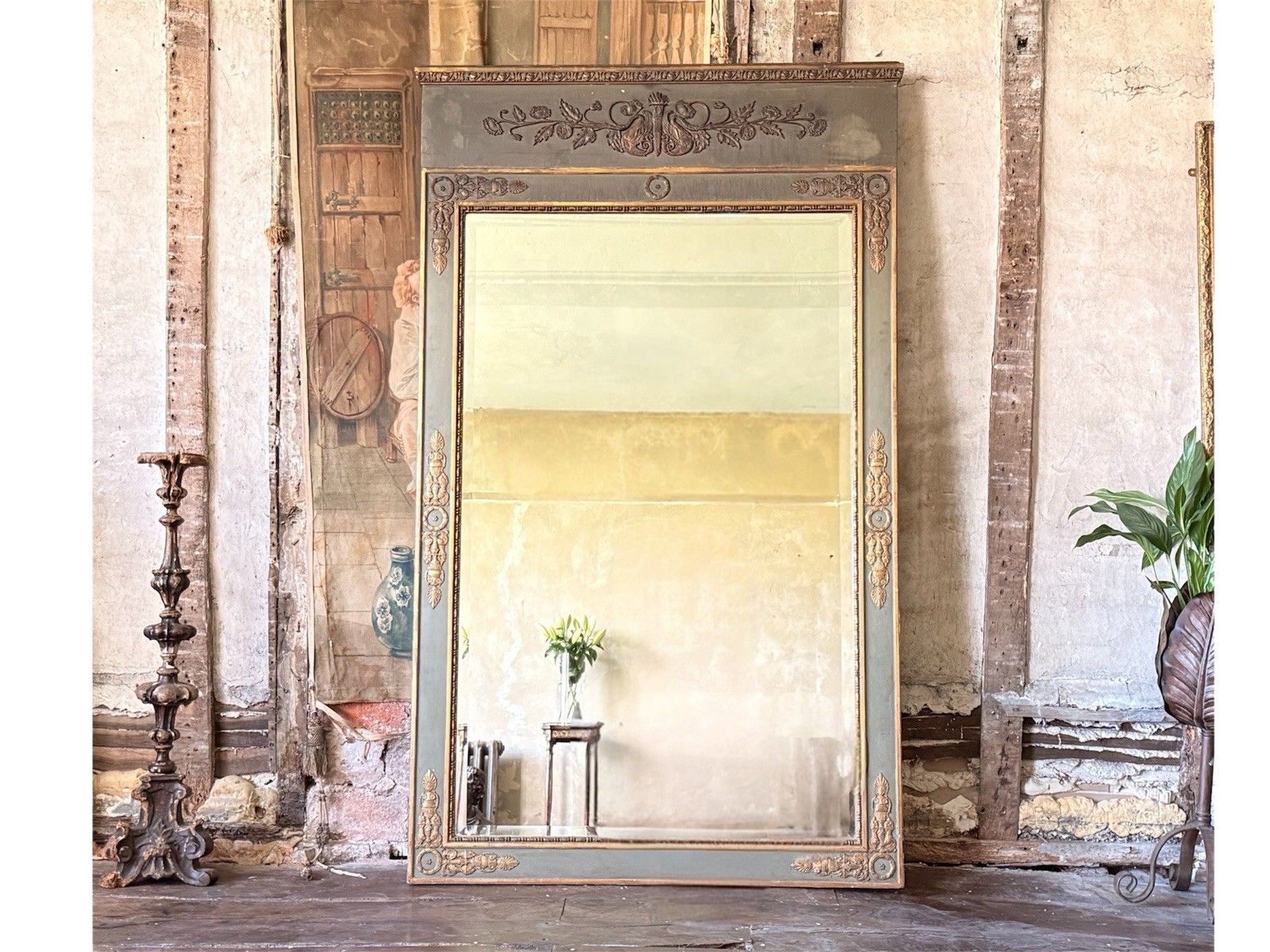 Large Green Gilt English Louis Trumeau Mirror Original Glass 6ft!  1800c