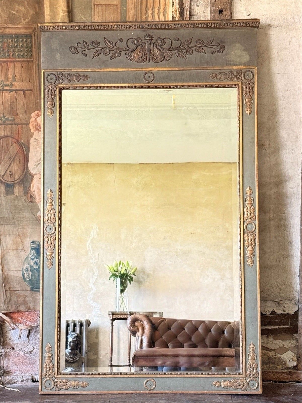 Large Green Gilt English Louis Trumeau Mirror Original Glass 6ft!  1800c photo furniture