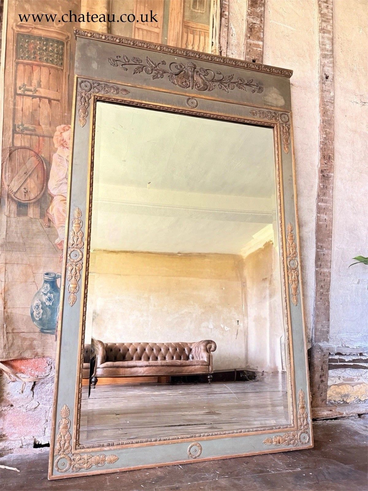 Large Green Gilt English Louis Trumeau Mirror Original Glass 6ft!  1800c photo for sale