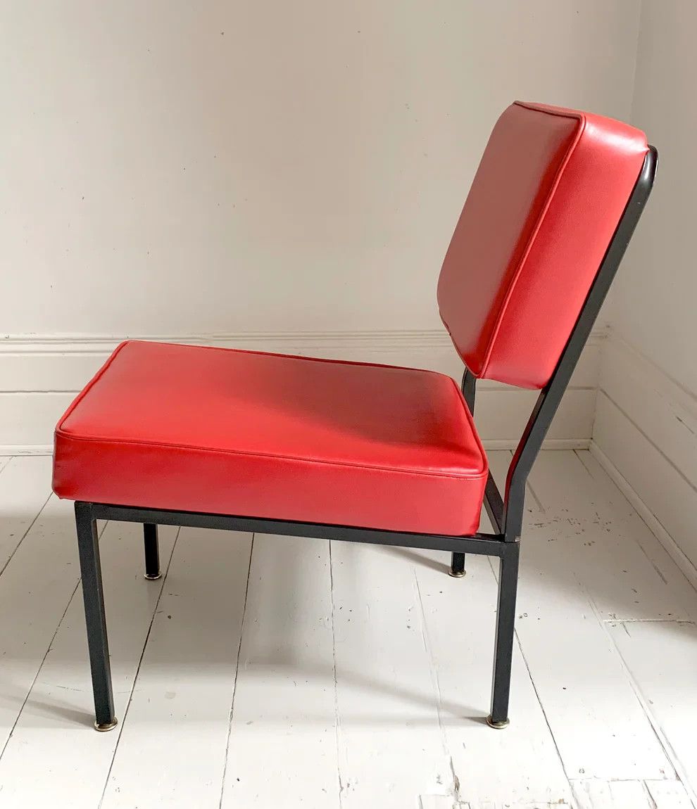 Mid Century Modern Red Vinyl Cocktail / Lounge Chair, Black Frame, 2 Of 2 photo buy