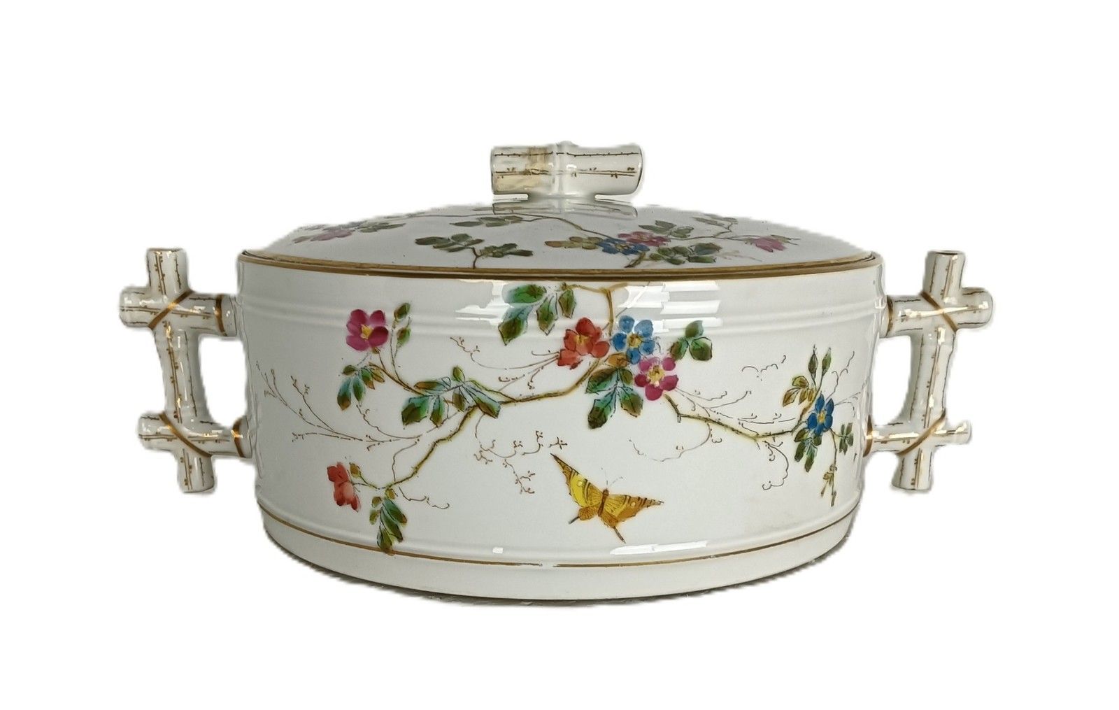 Victorian Antique 19th Century Small Tureen Bowl Lidded Hand Painted Flowers Bu