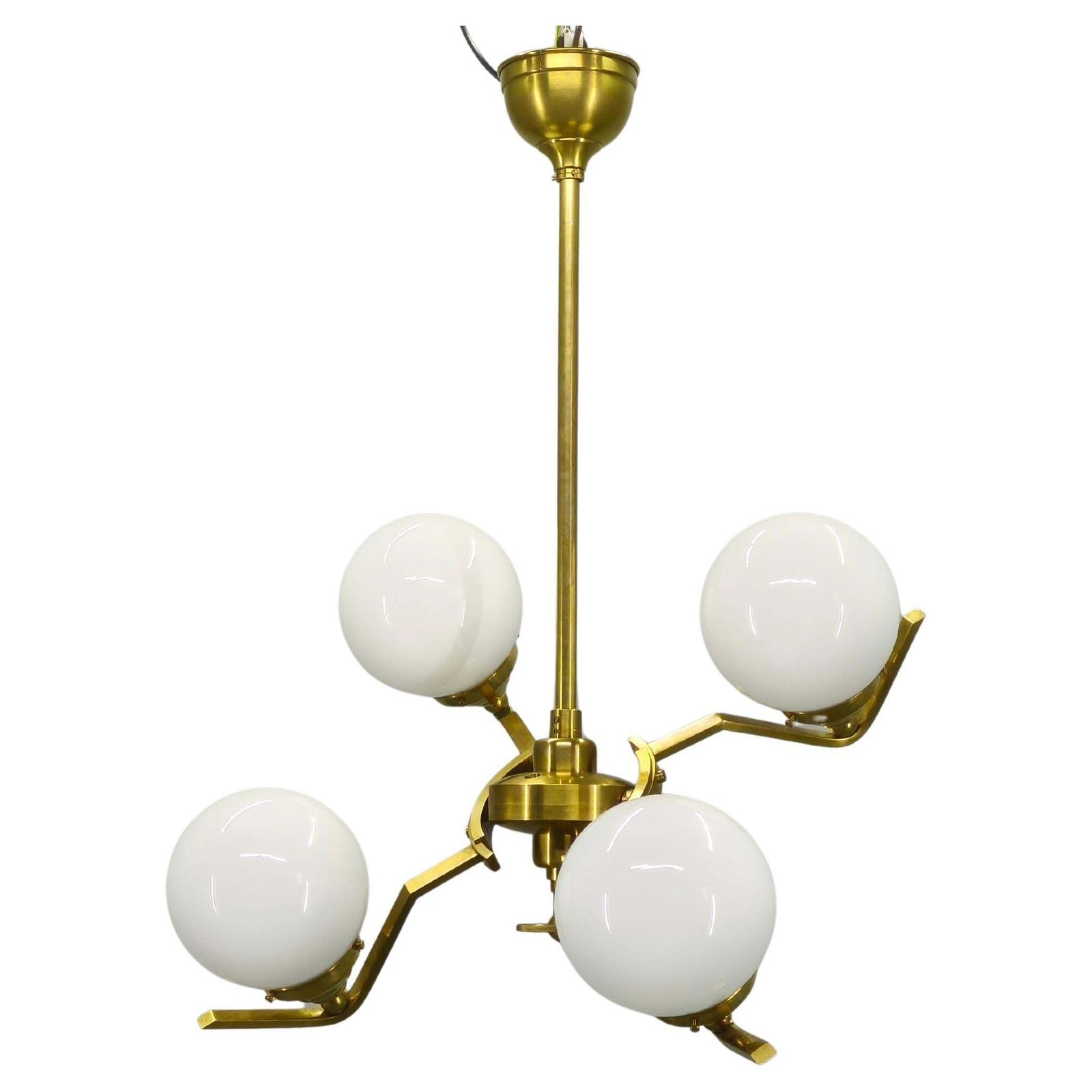 Adjustable Art Deco Brass Chandelier With Milk Glass, 1930s