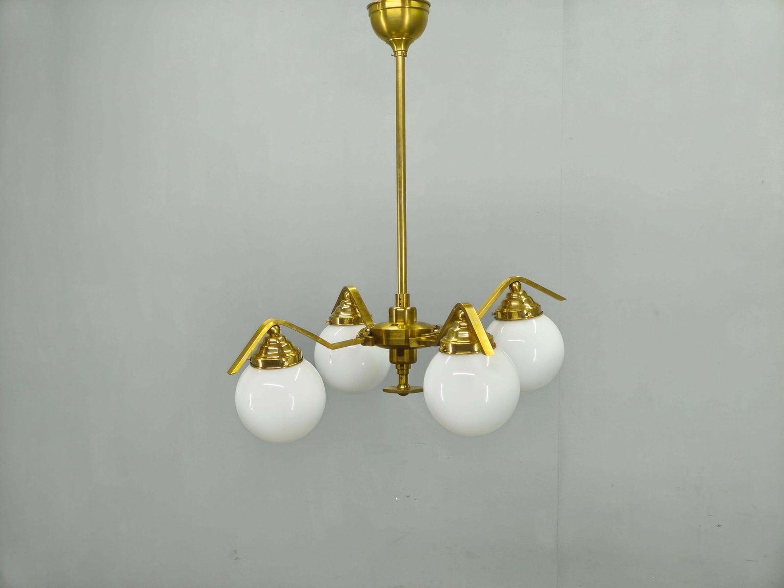 Adjustable Art Deco Brass Chandelier With Milk Glass, 1930s photo Lighting