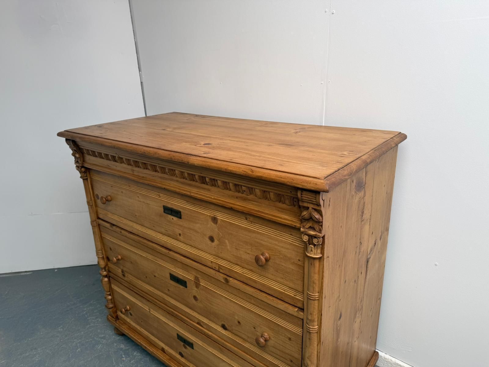 An Original Antique Pine Columned Hungarian Waxed 3 Drawer Chest Of Drawers photo furniture