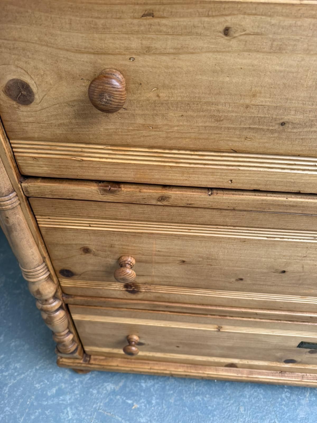 An Original Antique Pine Columned Hungarian Waxed 3 Drawer Chest Of Drawers photo vintage