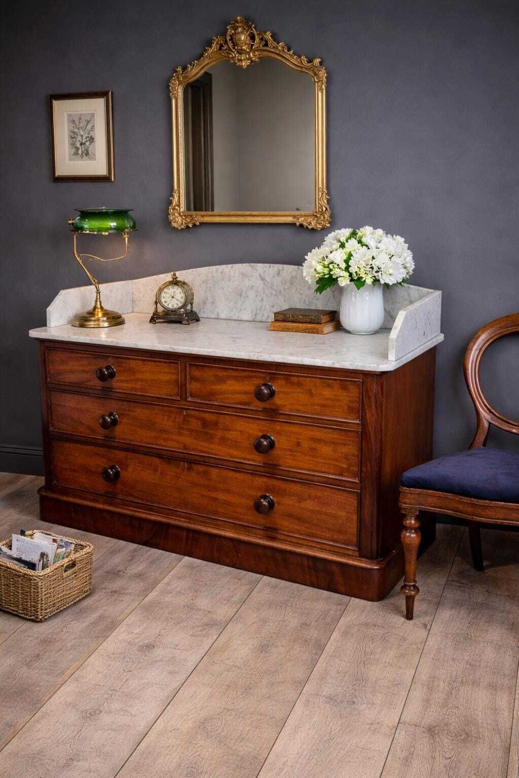 Antique Victorian Marble Top Sideboard Mahogany Chest Kitchen Unit photo furniture