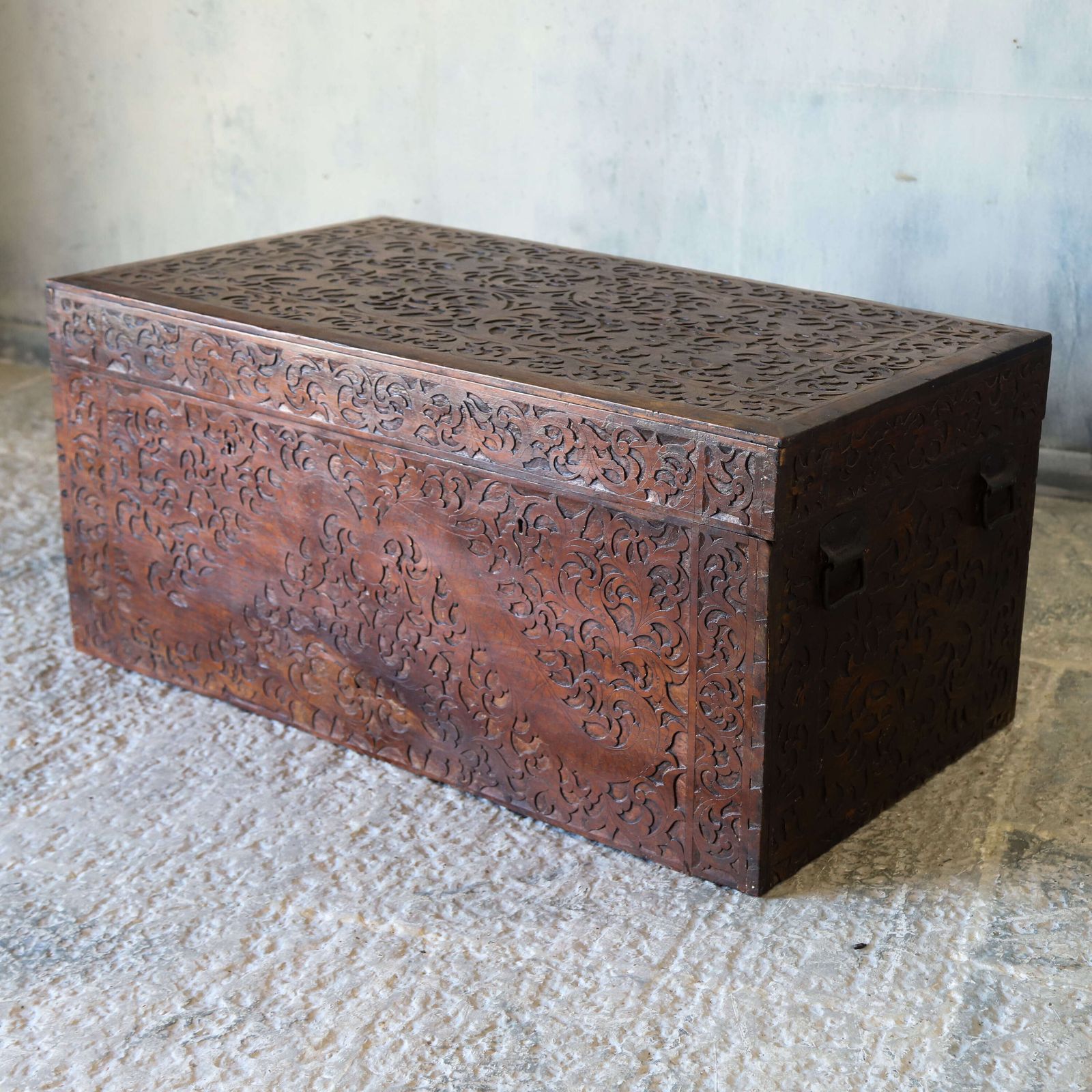 Vintage Carved Camphor Wood Chest With Storage And Iron Handles photo furniture