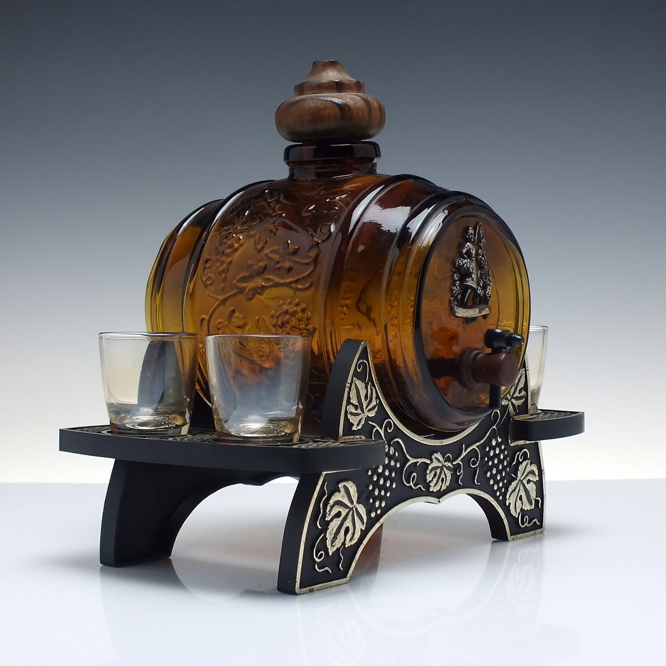 Vintage Glass Spirit Barrel Decanter And Matching Shot Glasses C1970 photo furniture