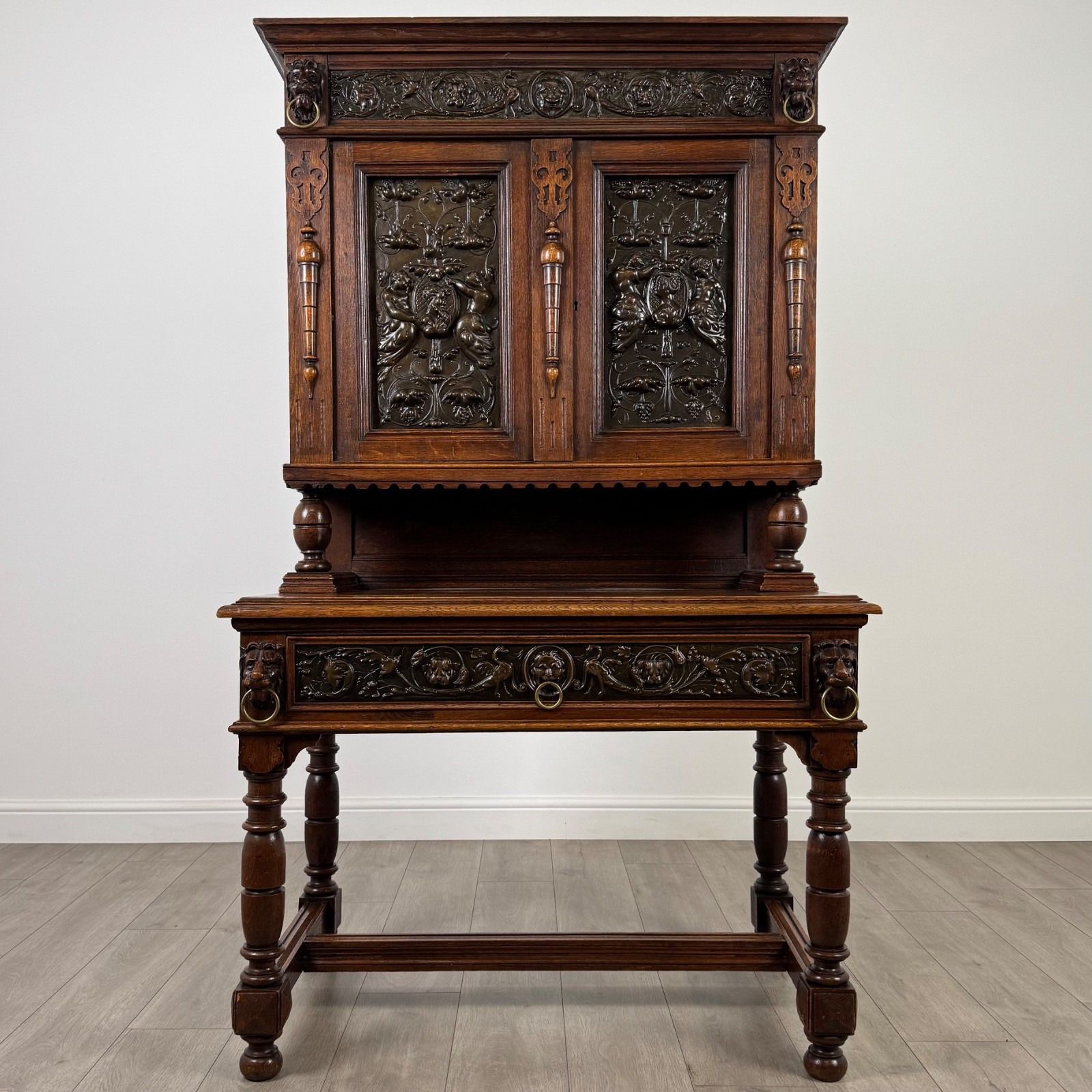 Antique 19th Century Jacobean Revival Cabinet In Copper And Oak ( Af 4137 )