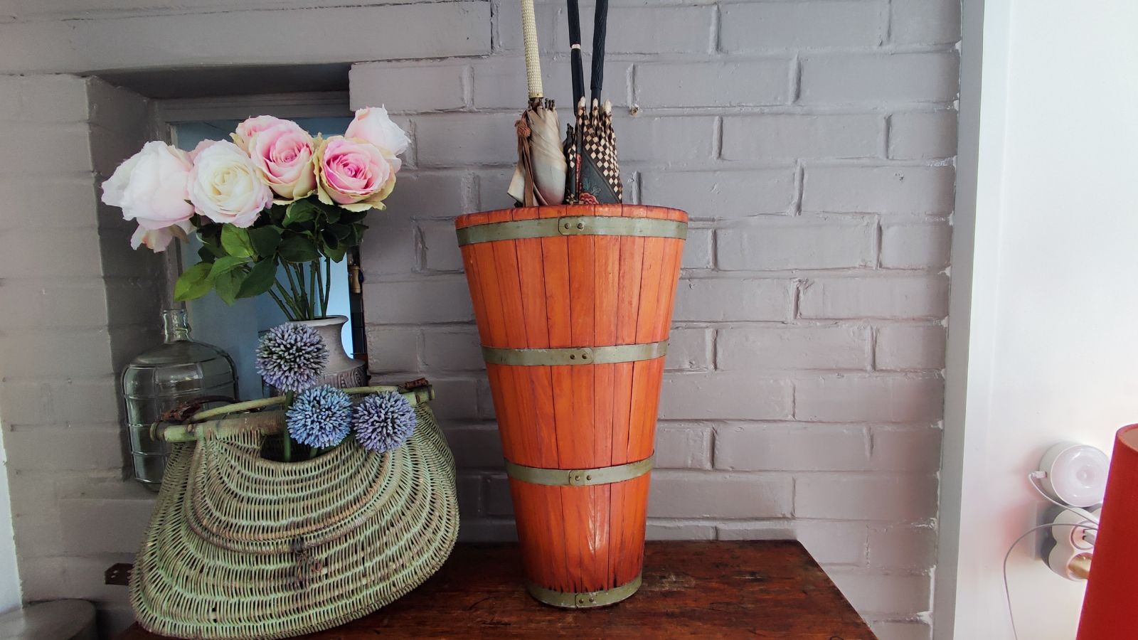 261.0 Vintage French Grape Basket, Wood Wine Barrel, Rustic Umbrella Stand photo