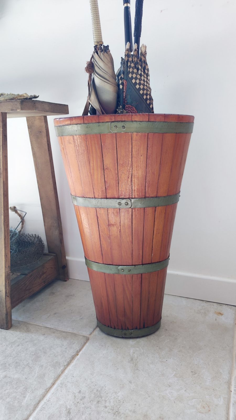 Vintage French Grape Basket, Wood Wine Barrel, Rustic Umbrella Stand