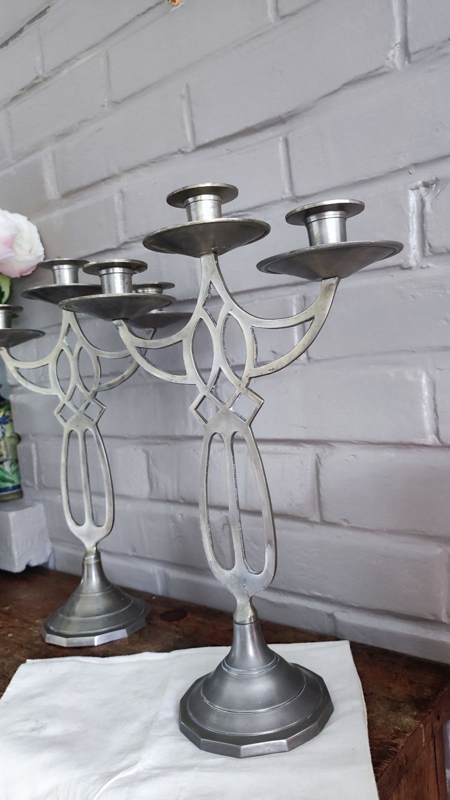photo buy Pair Of Art Nouveau Pewter Candelabra, French Dinner Table Centerpiece