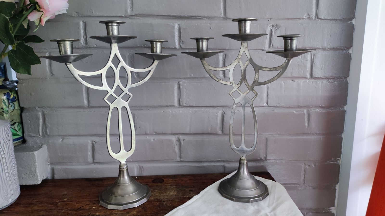 Pair Of Art Nouveau Pewter Candelabra, French Dinner Table Centerpiece