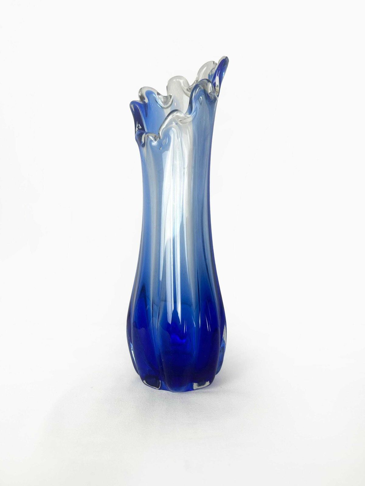 Vintage Glass Flower Vase Murano Point Blue Cobalt Wave Edge Mid Century 1970 70s Italy