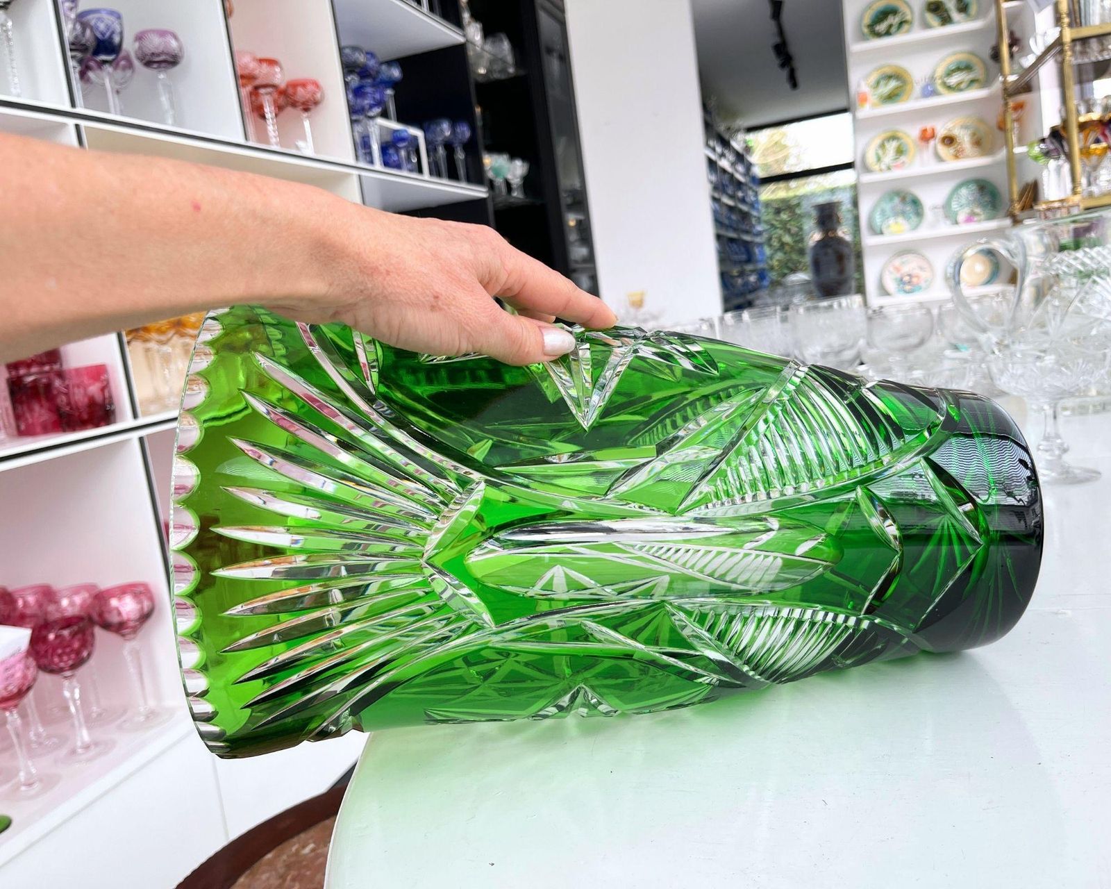Engraved Vase | Antique Crystal | Tall Vase Emerald photo vinterior