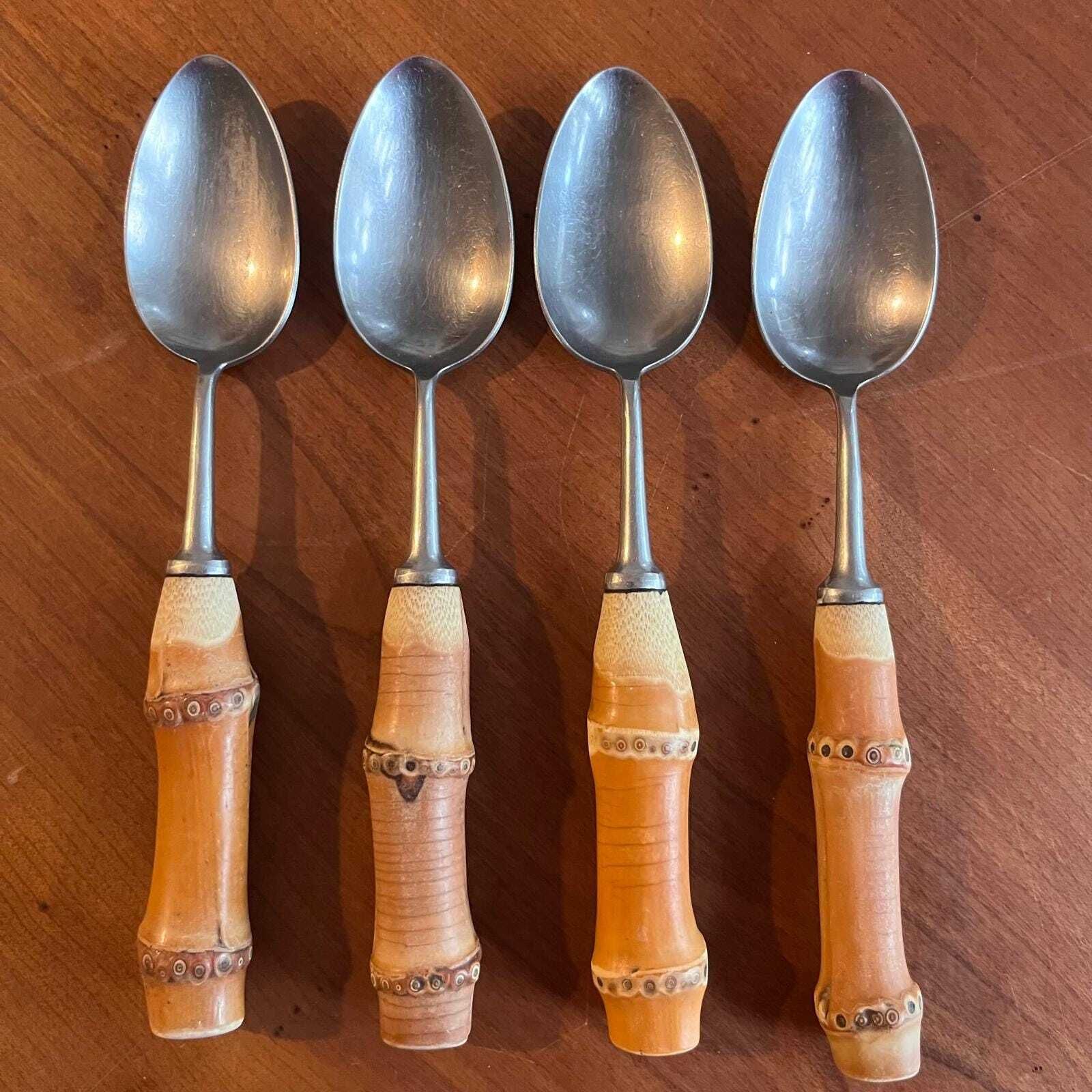 Vintage Bamboo Handled Mills Moore Stainless Steel Flatware Set Of 4 Place Settings photo buy