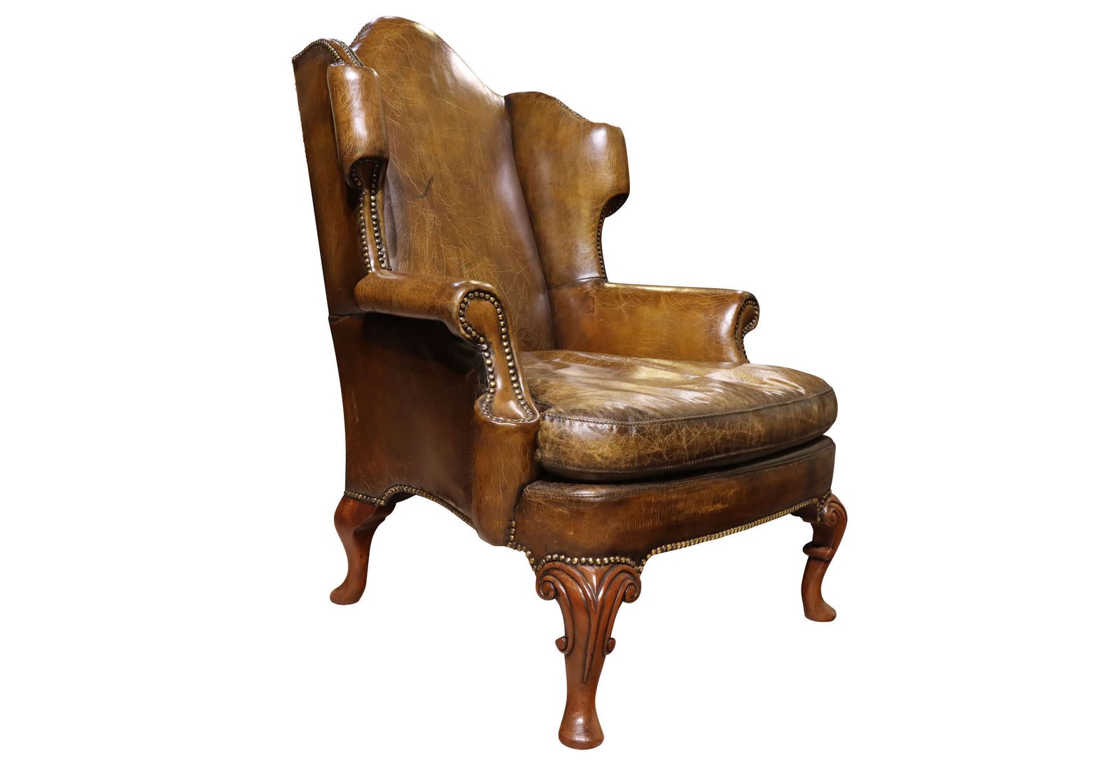 Pair Of George I Style Walnut & Leather Wing Armchairs, Circa 1930 photo vinterior