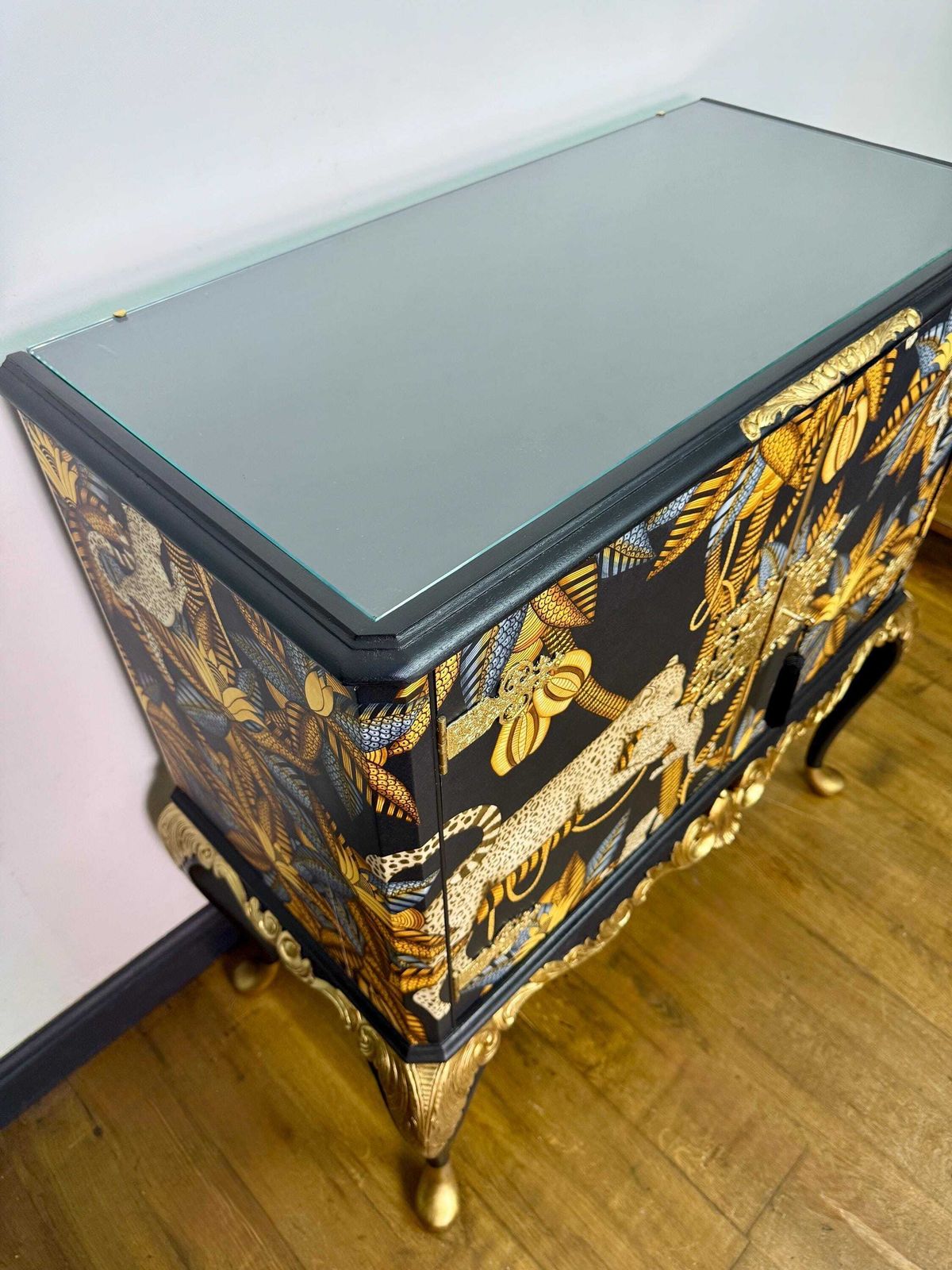 Queen Anne Leopard Drinks Cabinet | Bespoke Chinoiserie /Botanicle Cocktail Cabinet | Luxury Vintage Statement Bar photo buy