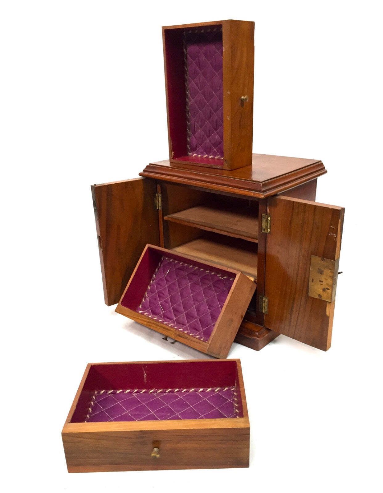 Antique Wood Tabletop Storage Drawers  Jewellery Box Humidor Cabinet With Key