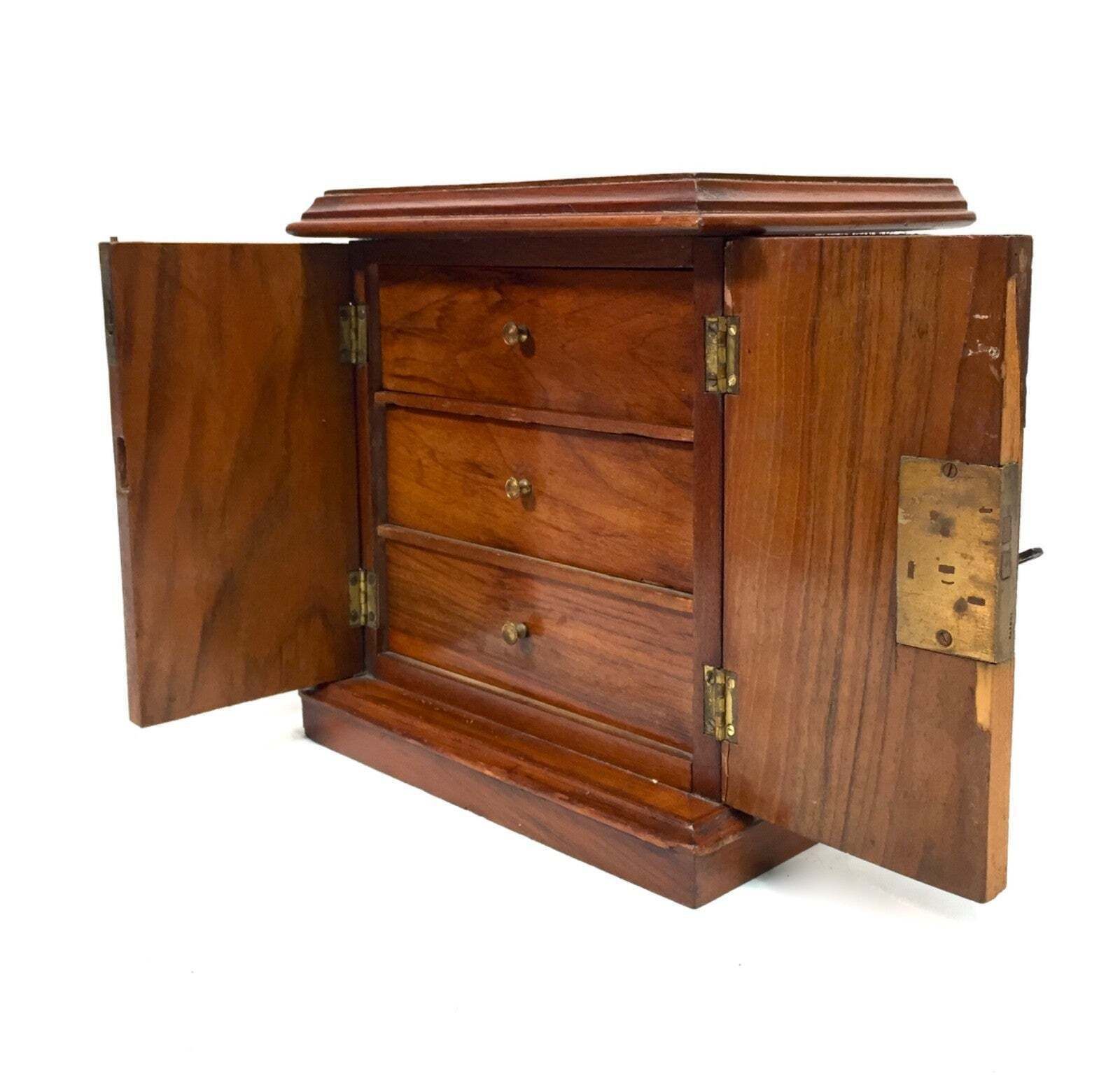 Antique Wood Tabletop Storage Drawers  Jewellery Box Humidor Cabinet With Key photo Furniture