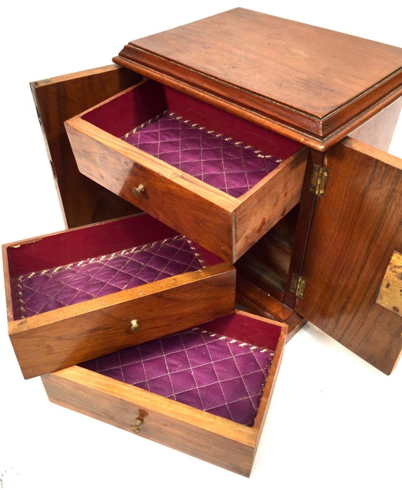 Antique Wood Tabletop Storage Drawers  Jewellery Box Humidor Cabinet With Key photo buy