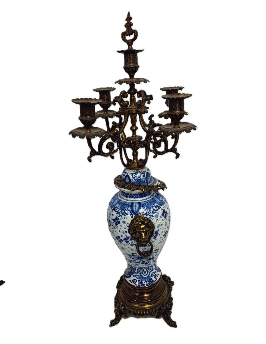 Garniture Set Of 3 Mantle Pieces Clock Two Candelabras Porcelain Delft Blue Whit photo furniture