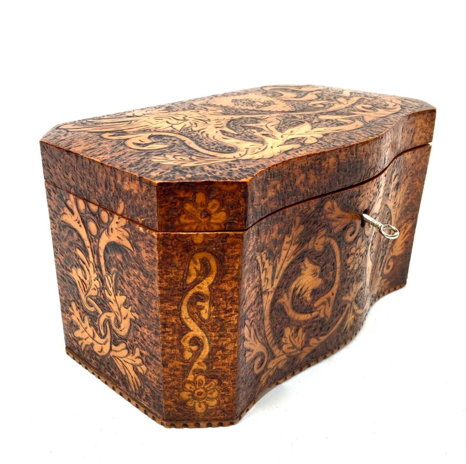 Antique Pokerwork Burr Yew Wooden Tea Caddy Storage Box With Key 19th Century photo for sale