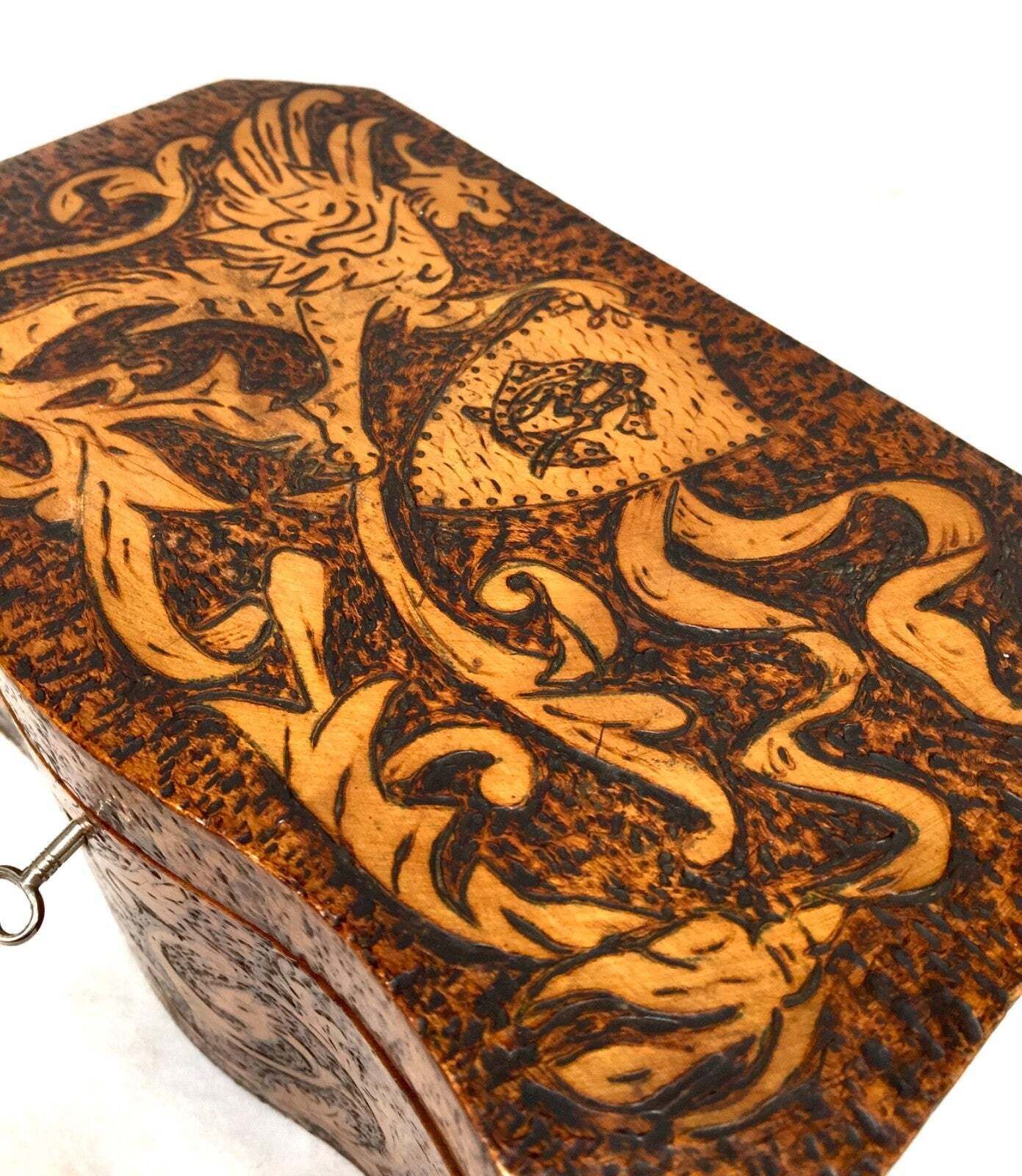 Antique Pokerwork Burr Yew Wooden Tea Caddy Storage Box With Key 19th Century photo 219.0