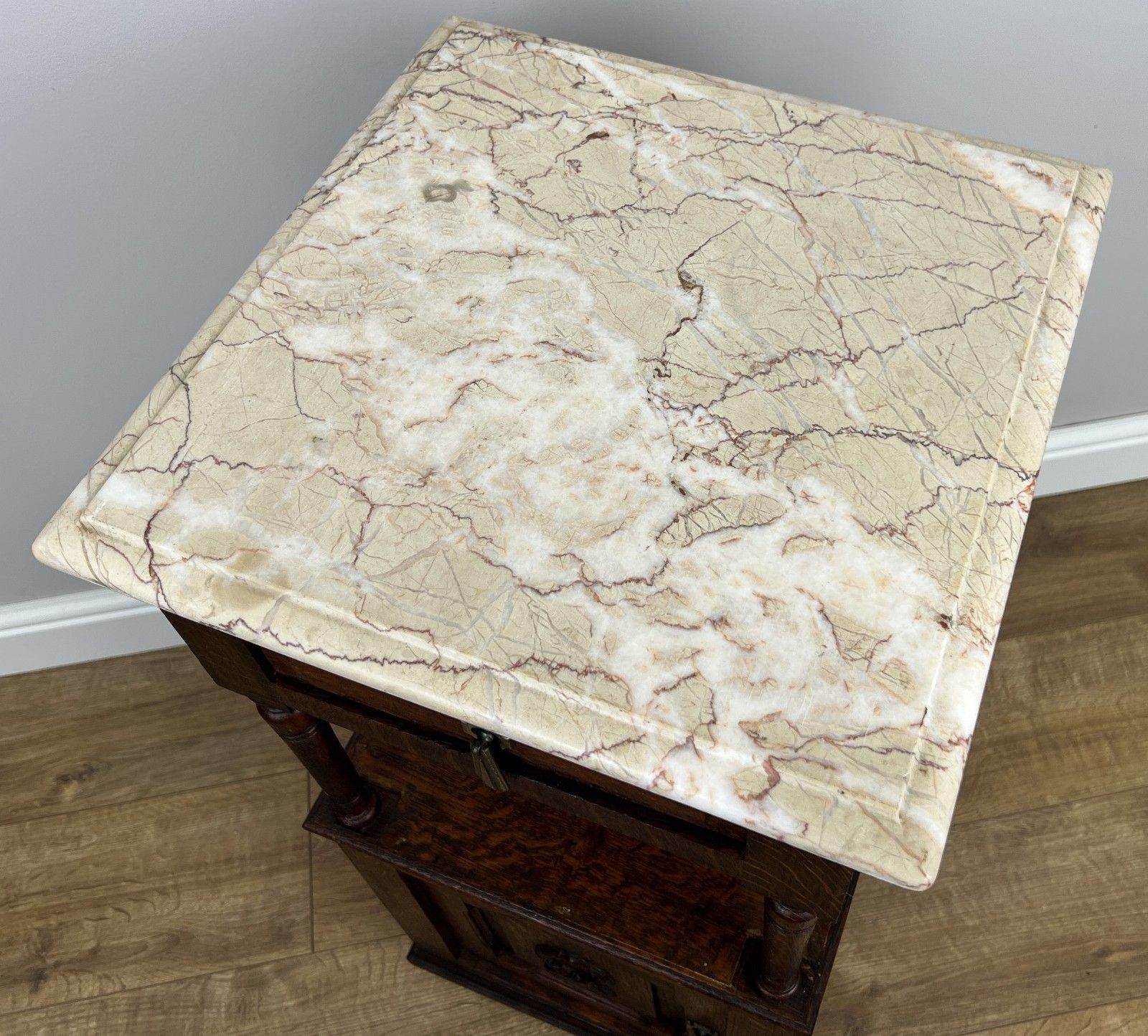599.0 Pair Of Bedside Tables Antique French Marble Top Carved Oak Cabinets Lot 4918 photo