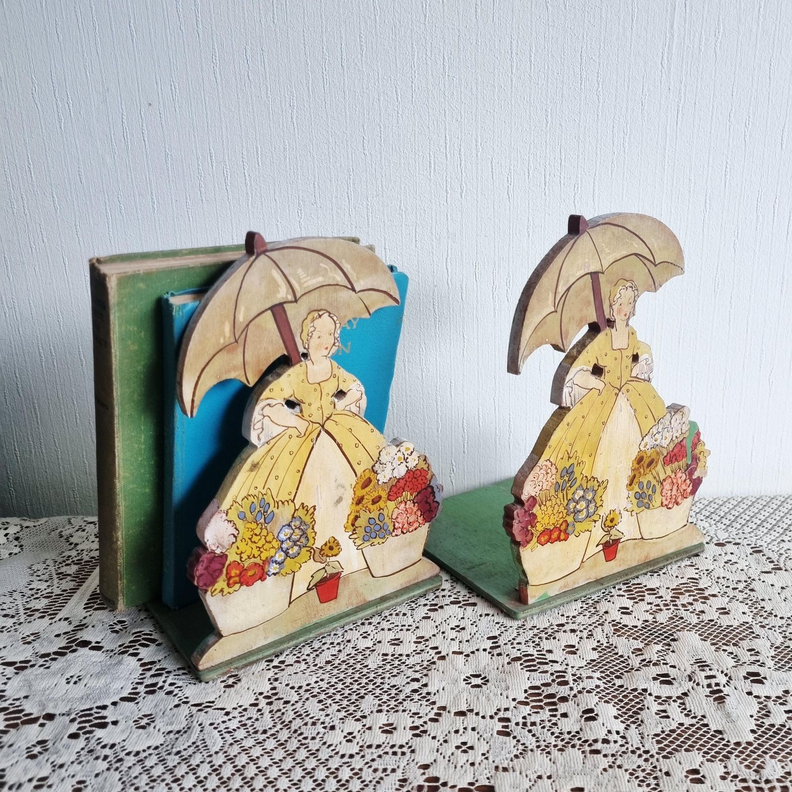Art Deco Die Cut Pair Of Vintage Bookends Depicting Crinoline Lady
