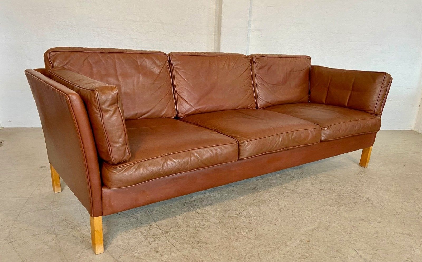 Vintage Danish Mid Century  Mogens Hansen 3 Person  Cognac Leather Sofa 1960,S photo Furniture