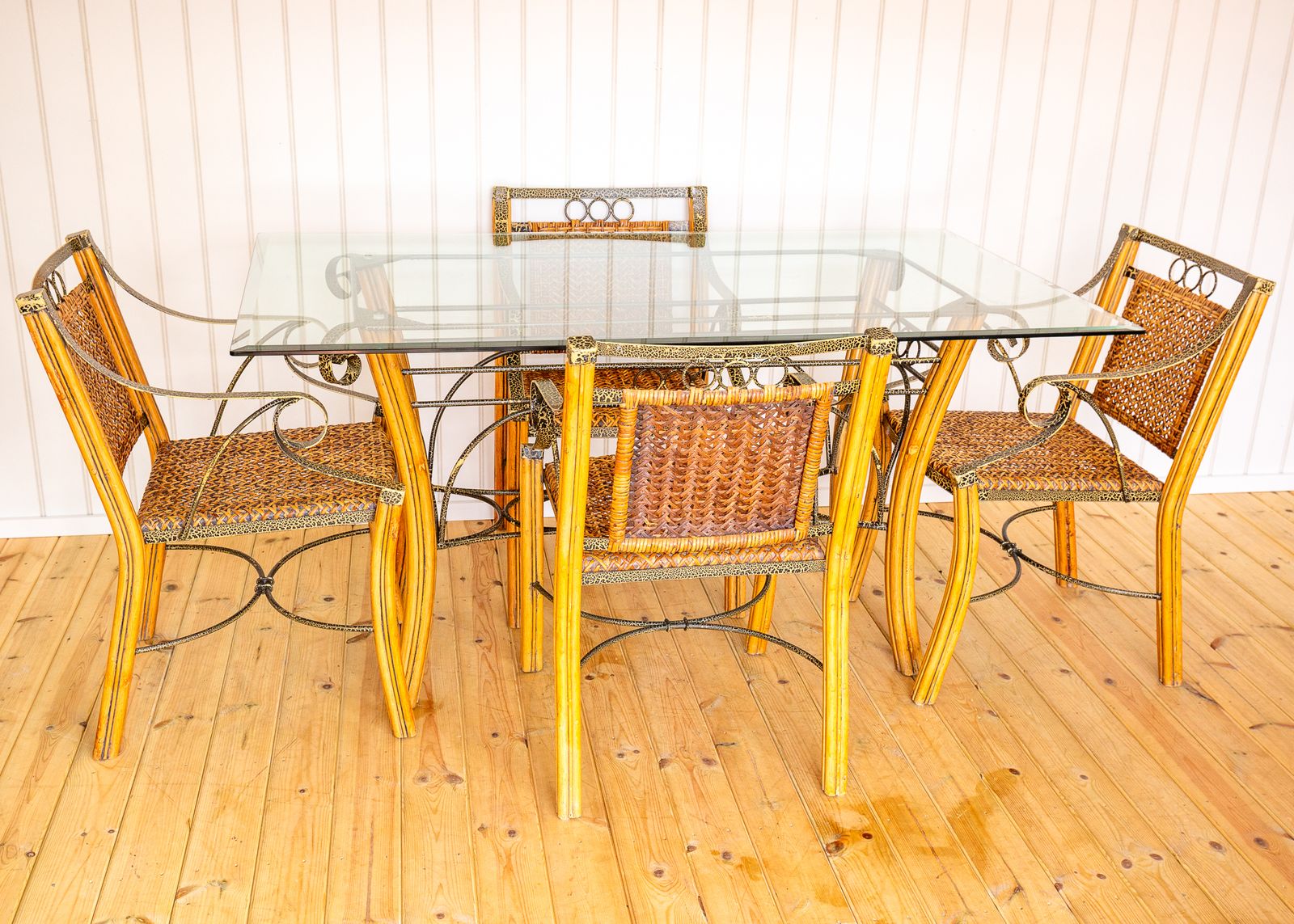 Furniture Bohemian Glass Dining Table And 4 Armchairs Vintage Artisan Dining Set Mcm 1970s Boh.O Painted Blonde Conservatory Orangery 6 Seater photo