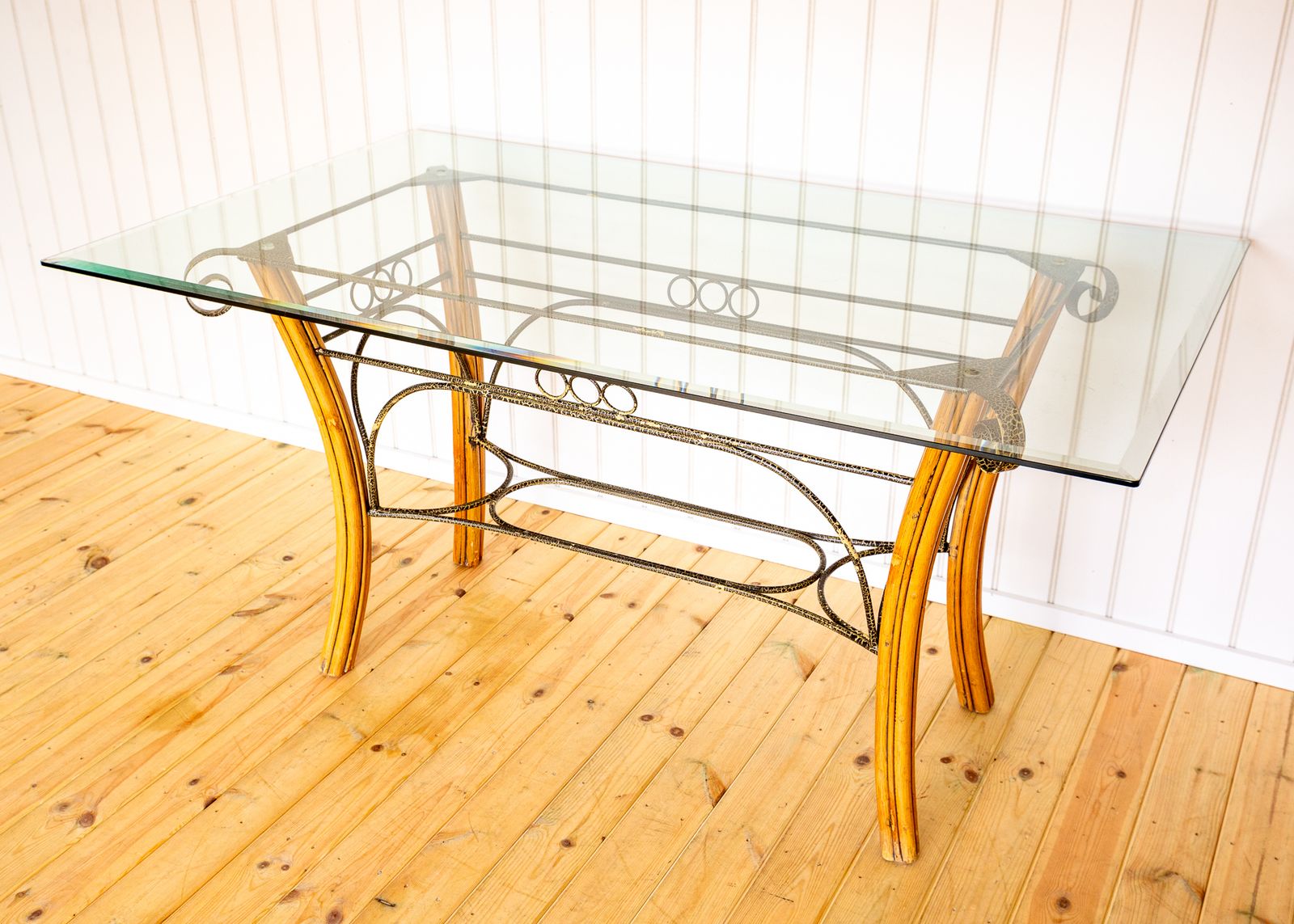 Bohemian Glass Dining Table And 4 Armchairs Vintage Artisan Dining Set Mcm 1970s Boh.O Painted Blonde Conservatory Orangery 6 Seater photo 1550.0