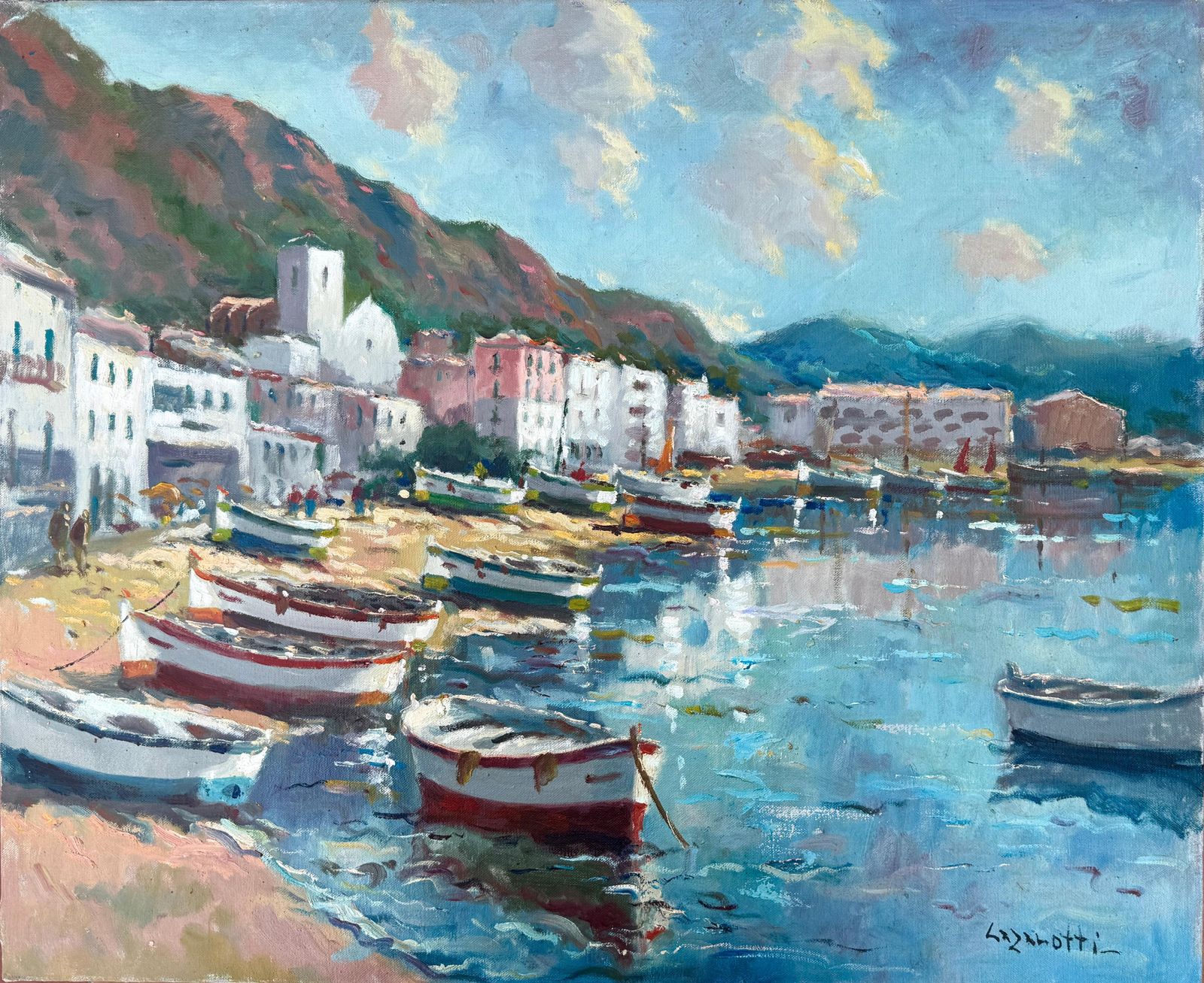 Lazarotti Impressionist Impressionist Mediterranean Harbor Painting Port De La Selva Costa Brava Fishing Boats Oil Canvas 1980