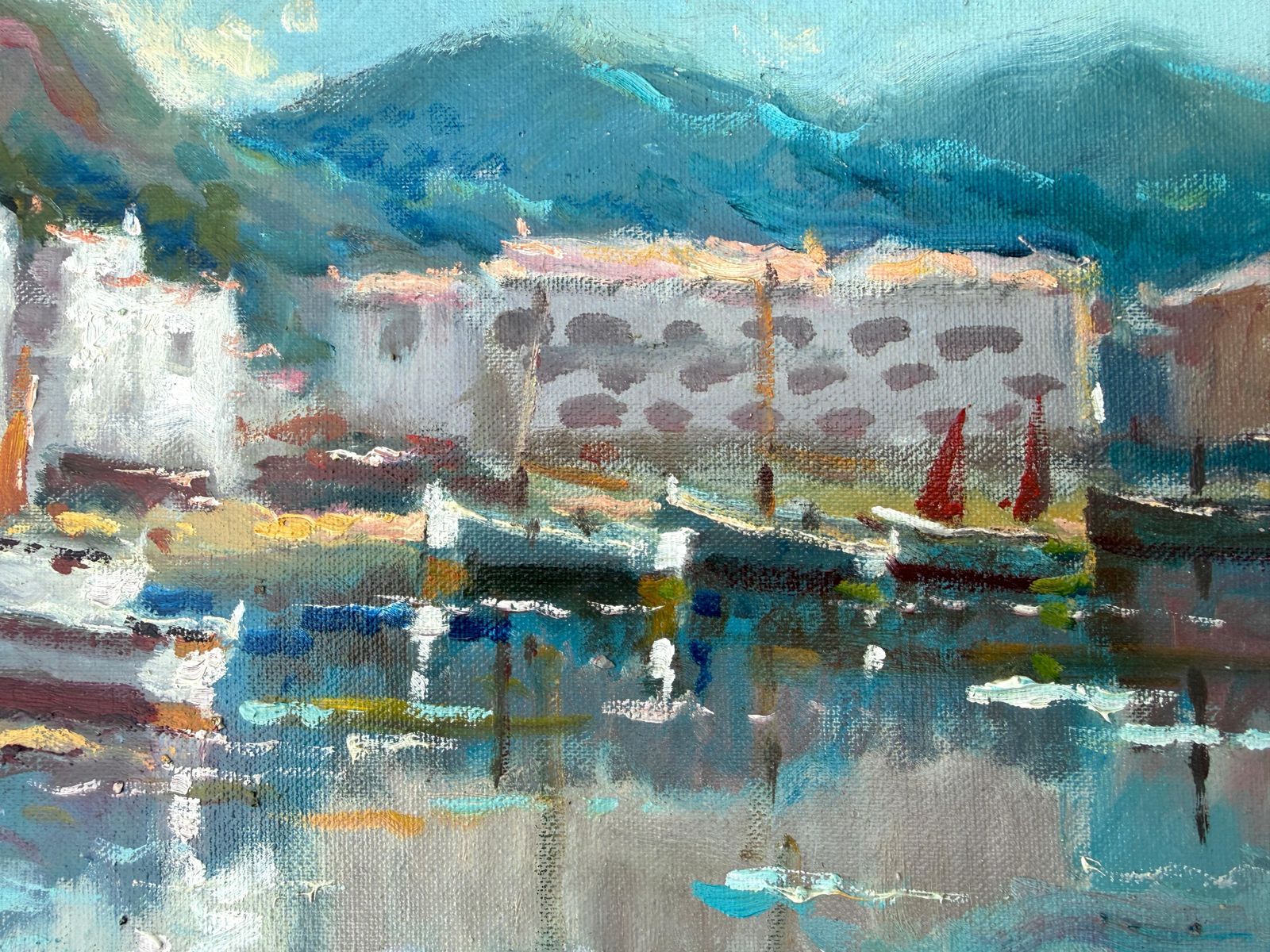Lazarotti Impressionist Impressionist Mediterranean Harbor Painting Port De La Selva Costa Brava Fishing Boats Oil Canvas 1980 photo for sale