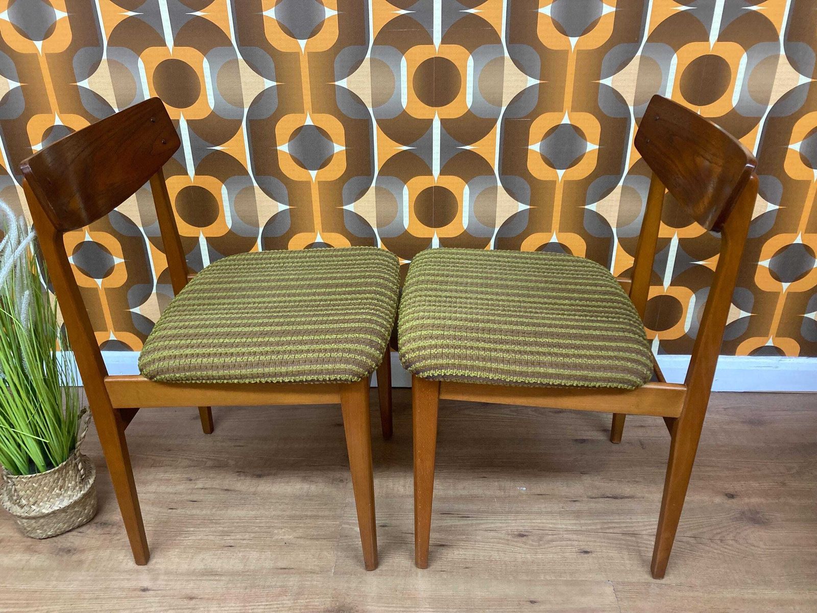 Pair Of Vintage Mid Century Teak Dining Chairs With Original Upholstery Cleaned, New Foam Added, Circa 1960s photo for sale