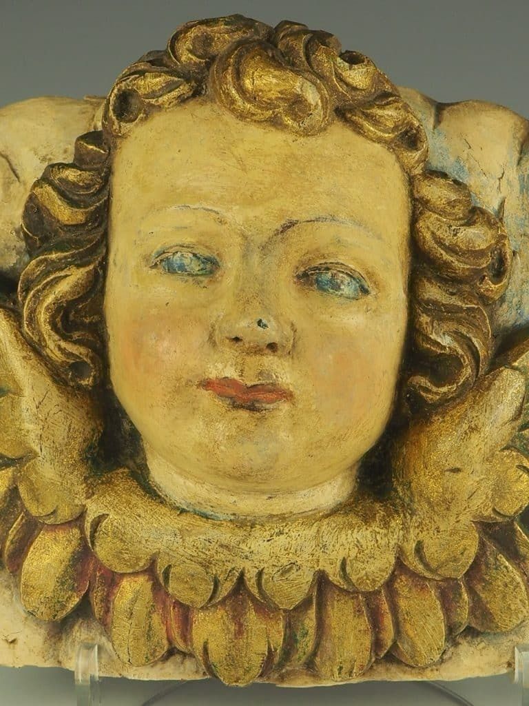 18th Century Carved Wood Panel – Polychrome Head Of Cherub – Putto photo 850.0