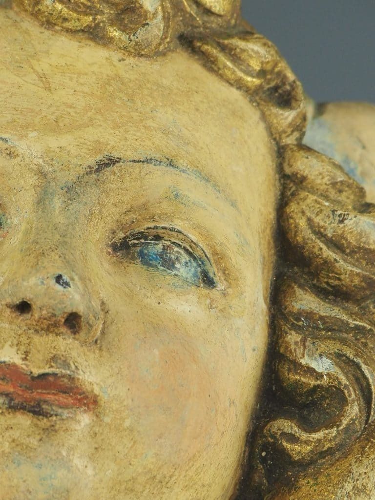 850.0 18th Century Carved Wood Panel – Polychrome Head Of Cherub – Putto photo