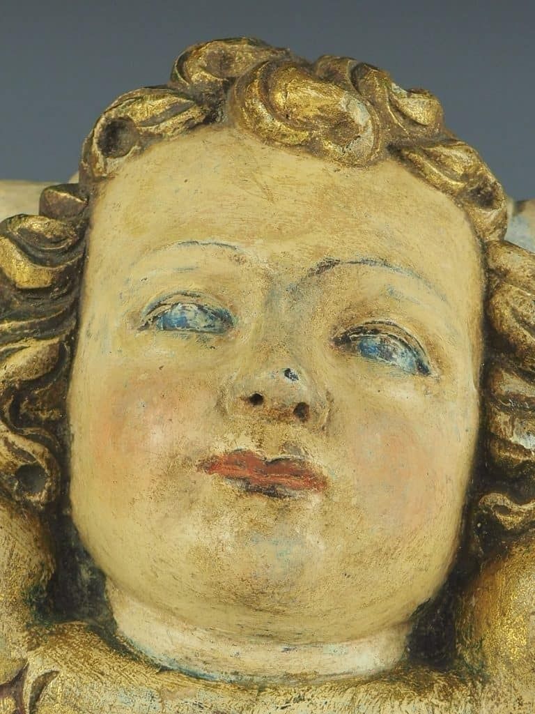 photo vinterior 18th Century Carved Wood Panel – Polychrome Head Of Cherub – Putto