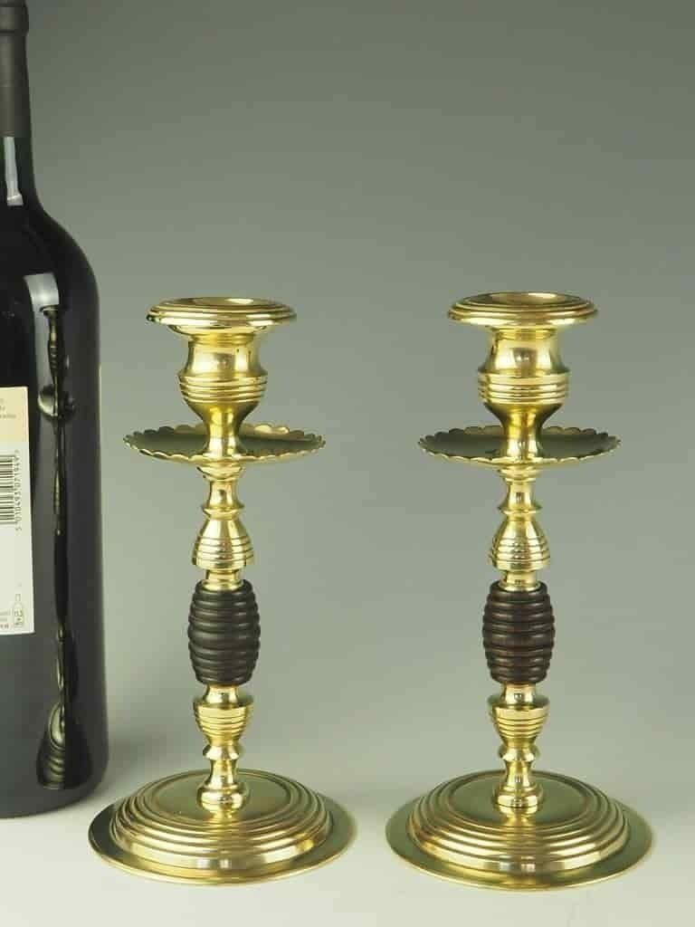 Pair Of Regency Beehive Brass And Oak Candle Holders photo for sale