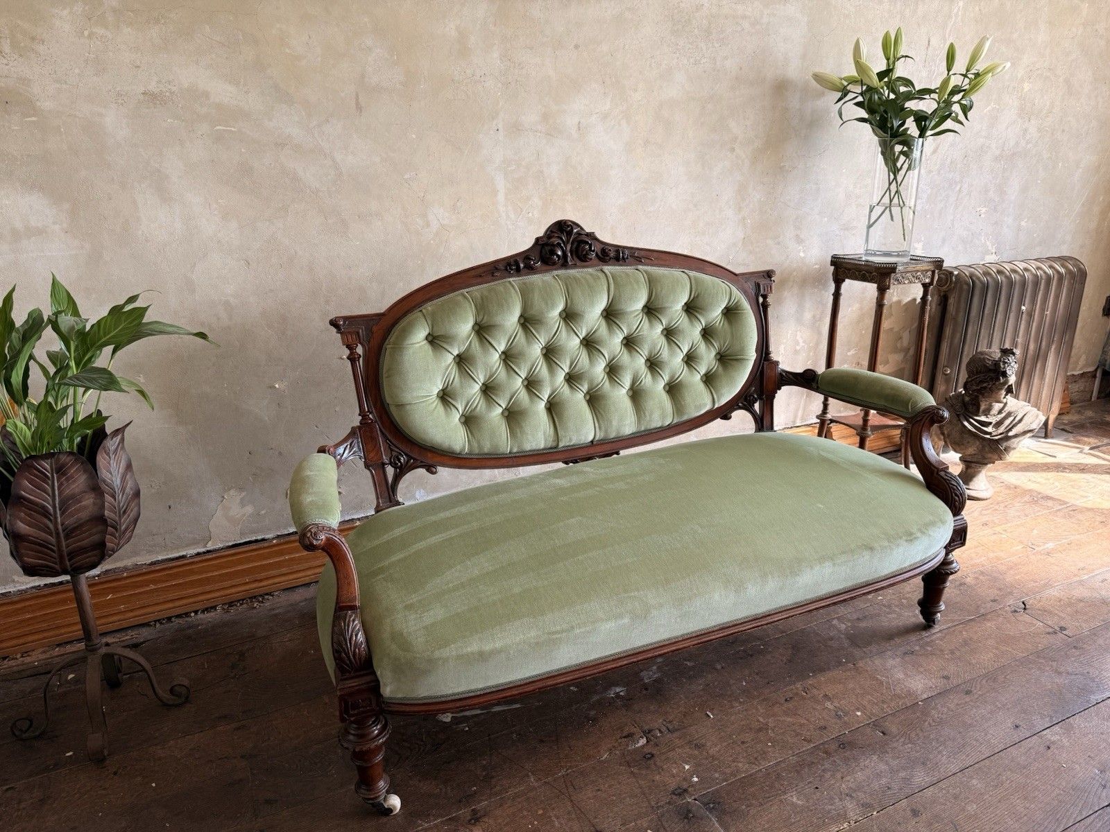 Original Antique Carved Pastashio Green Chaise Longue Salon Sofa England 1880 C photo furniture