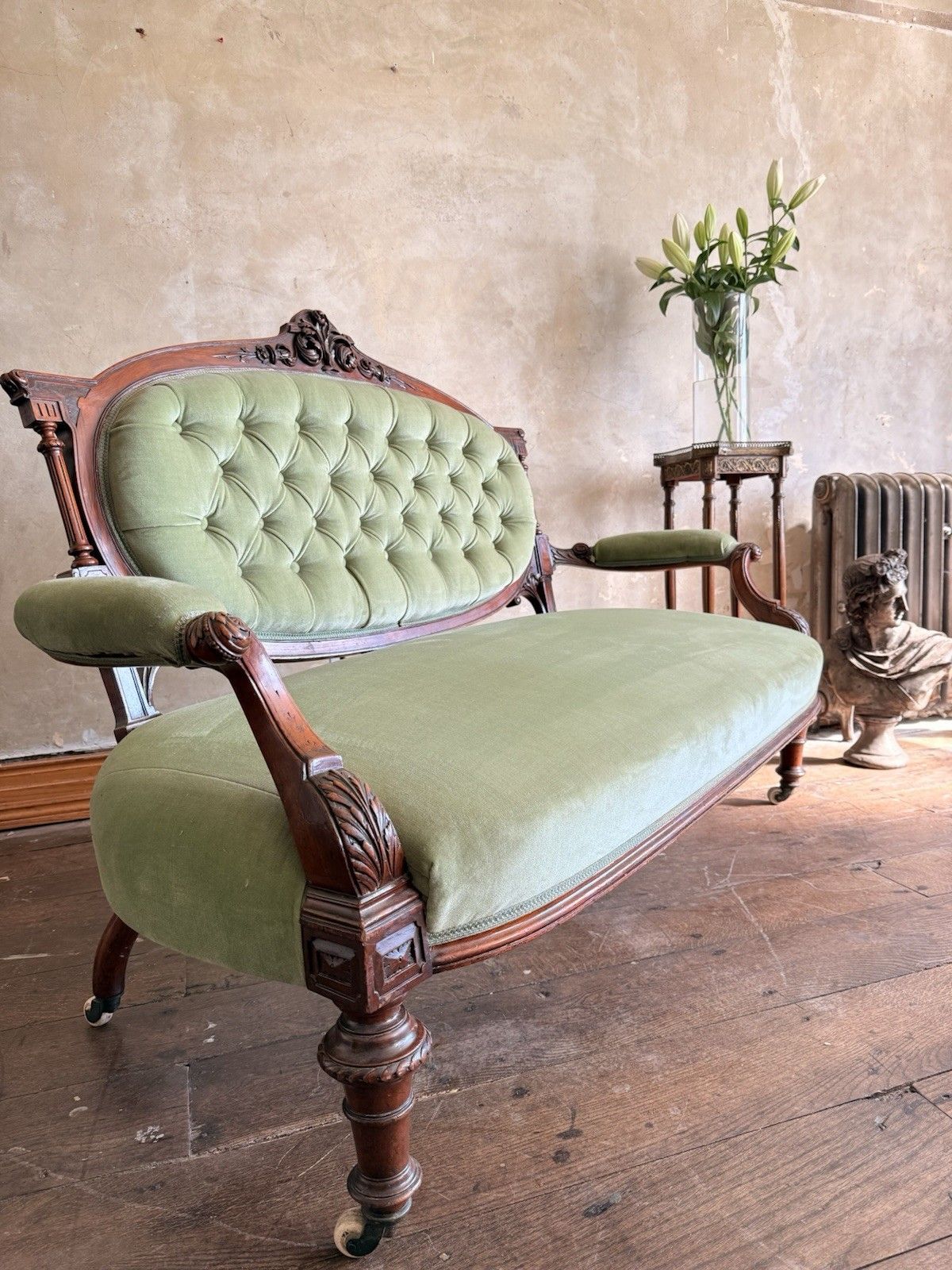 Original Antique Carved Pastashio Green Chaise Longue Salon Sofa England 1880 C photo vintage