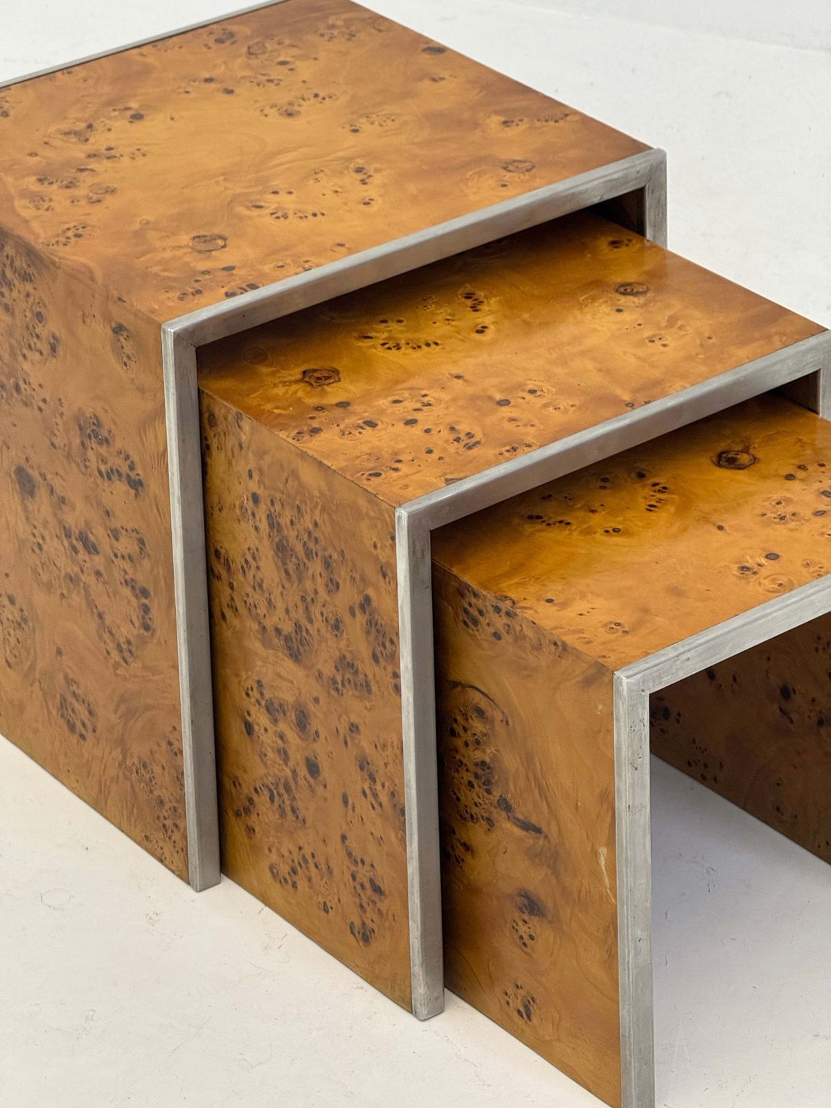 Set Of Three Tommaso Barbi Mid Century Modern Burr Wood Side Tables photo Furniture