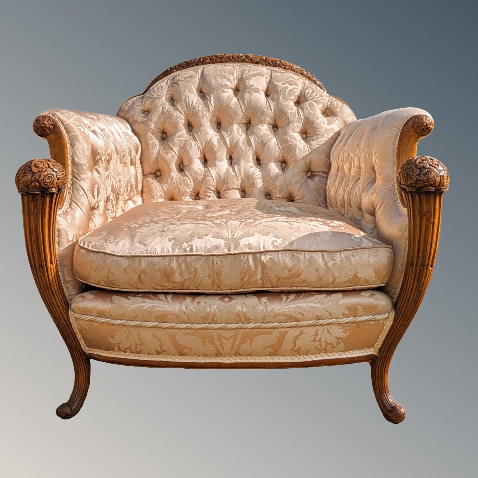 Superb French Walnut Armchair Silk Upholstered photo furniture