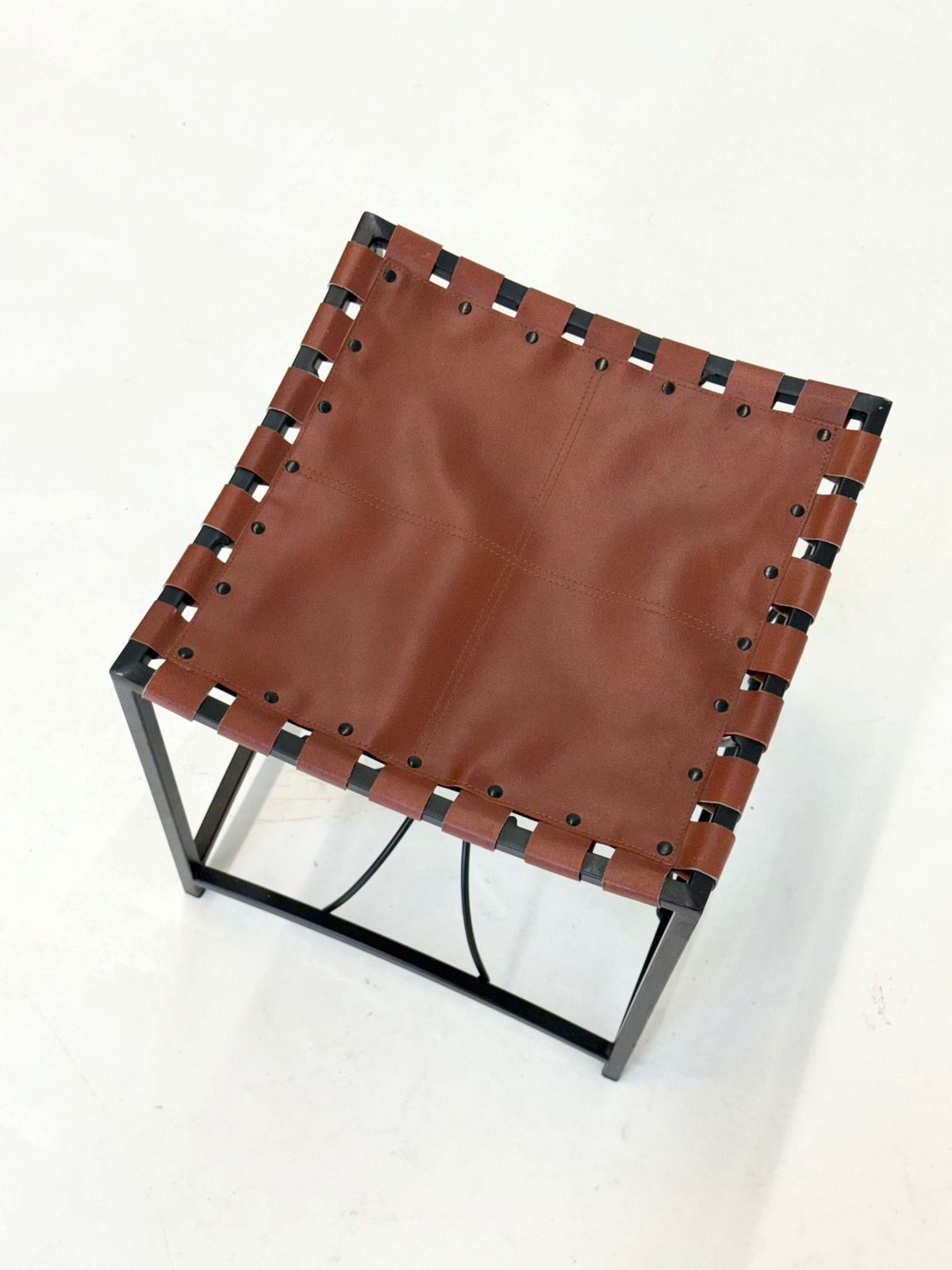 Elegant Vintage French Stool With Black Metal And Brown Leather photo vintage