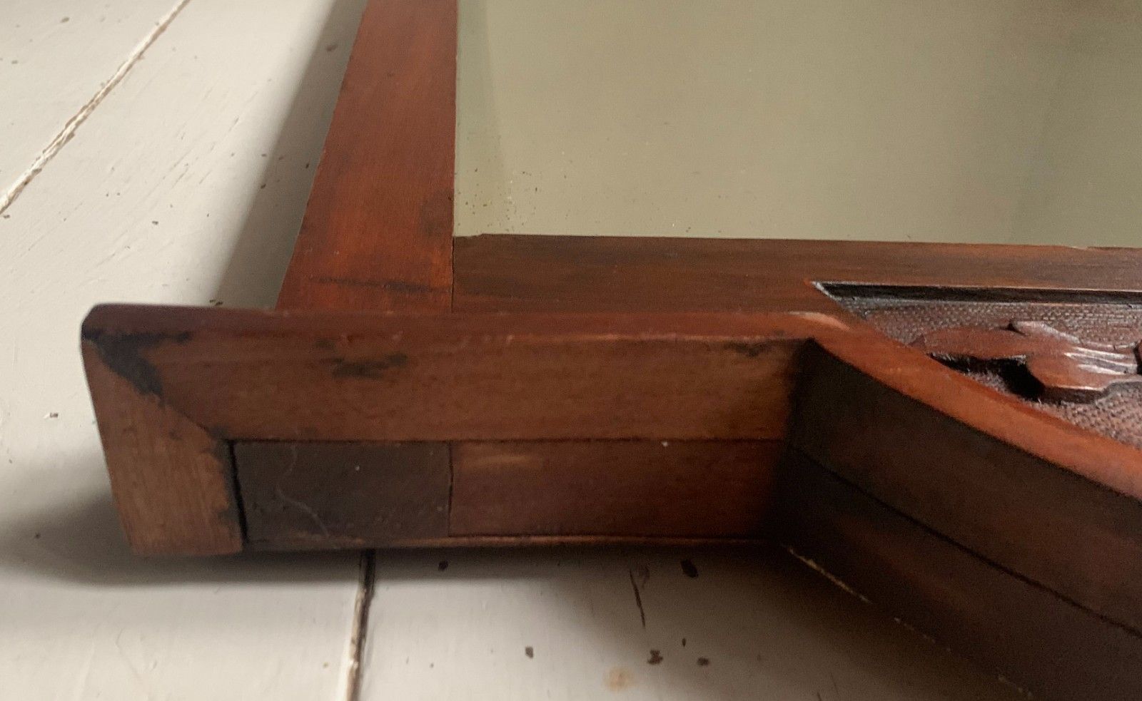 Antique Victorian Mirror W/ Bevelled Glass & Mahogany Frame, Carved Pediment photo Home Decor