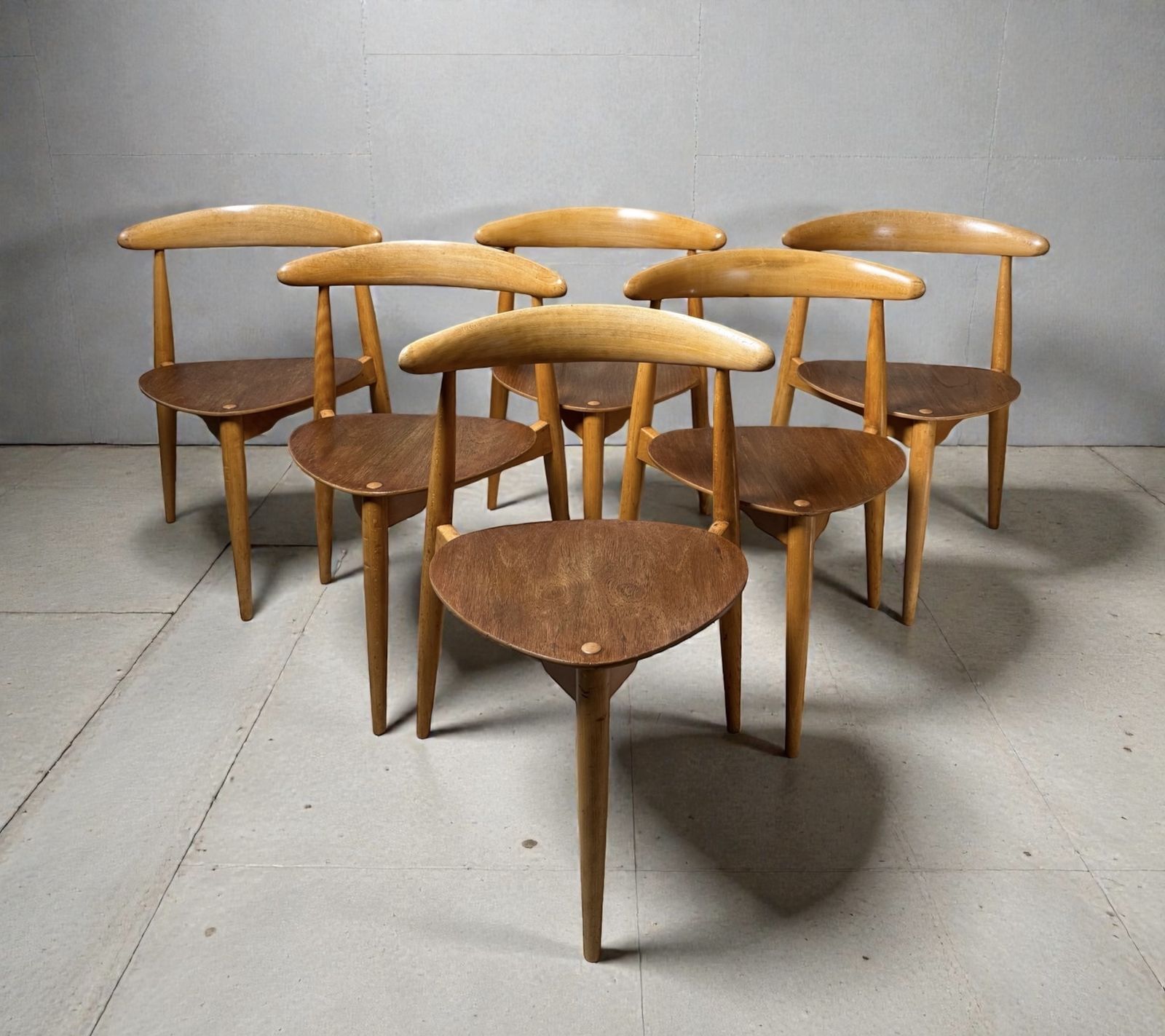 Set Of Six Hans Wegner Fh4103 'Heart' Chairs In Beech & Teak, Fritz Hansen, Denmark, C.1950s