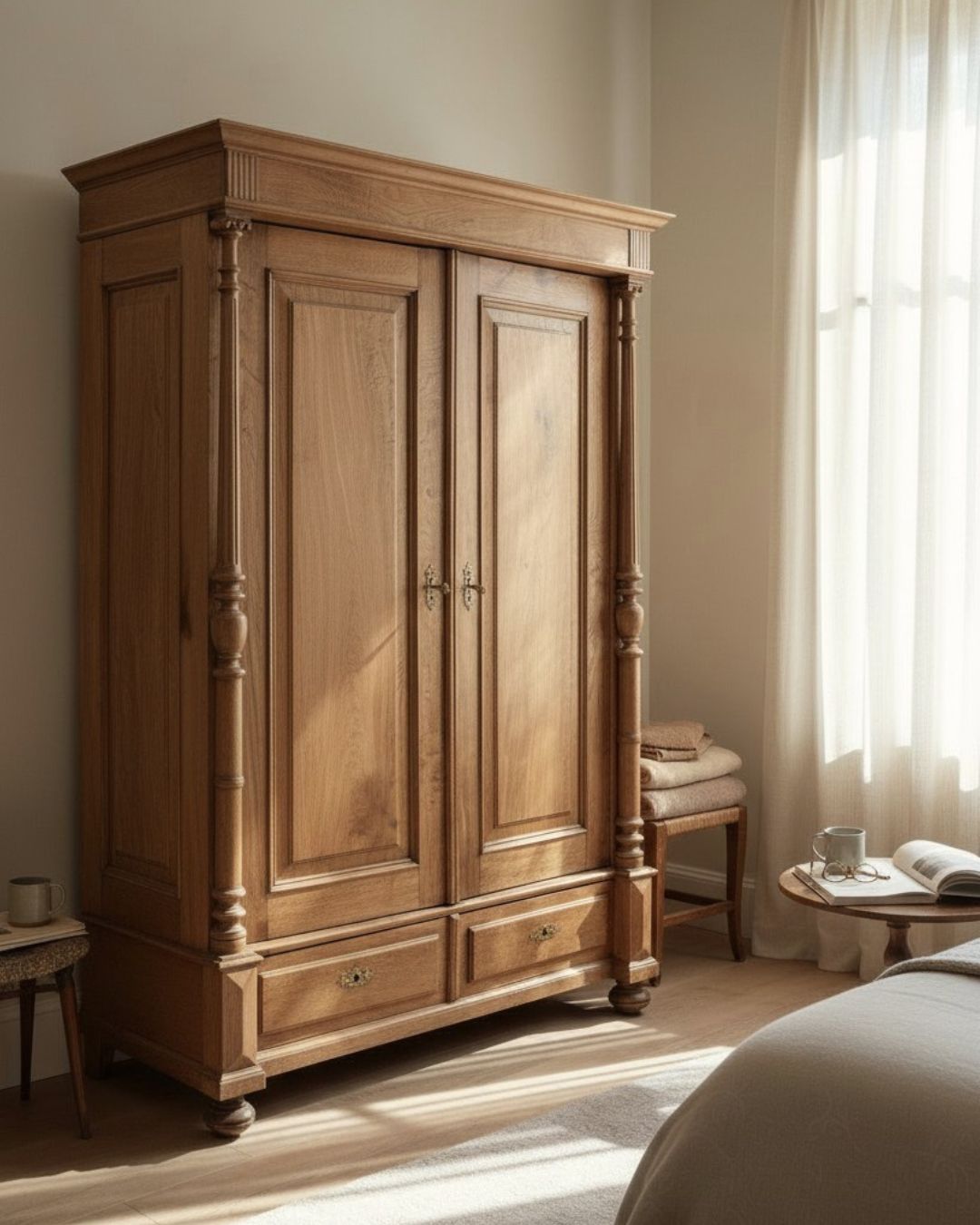 Vintage Solid Oak Wardrobe With Drawers